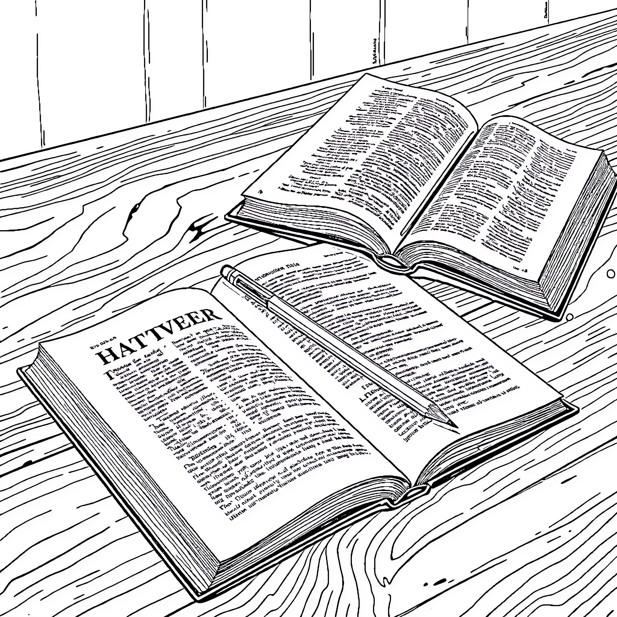 Pencil illustration of open books on a wooden surface Coloring Page (free black-and-white line drawing printable PDF for all, from beginners to advanced learners, including children, teens, adults, and seniors)