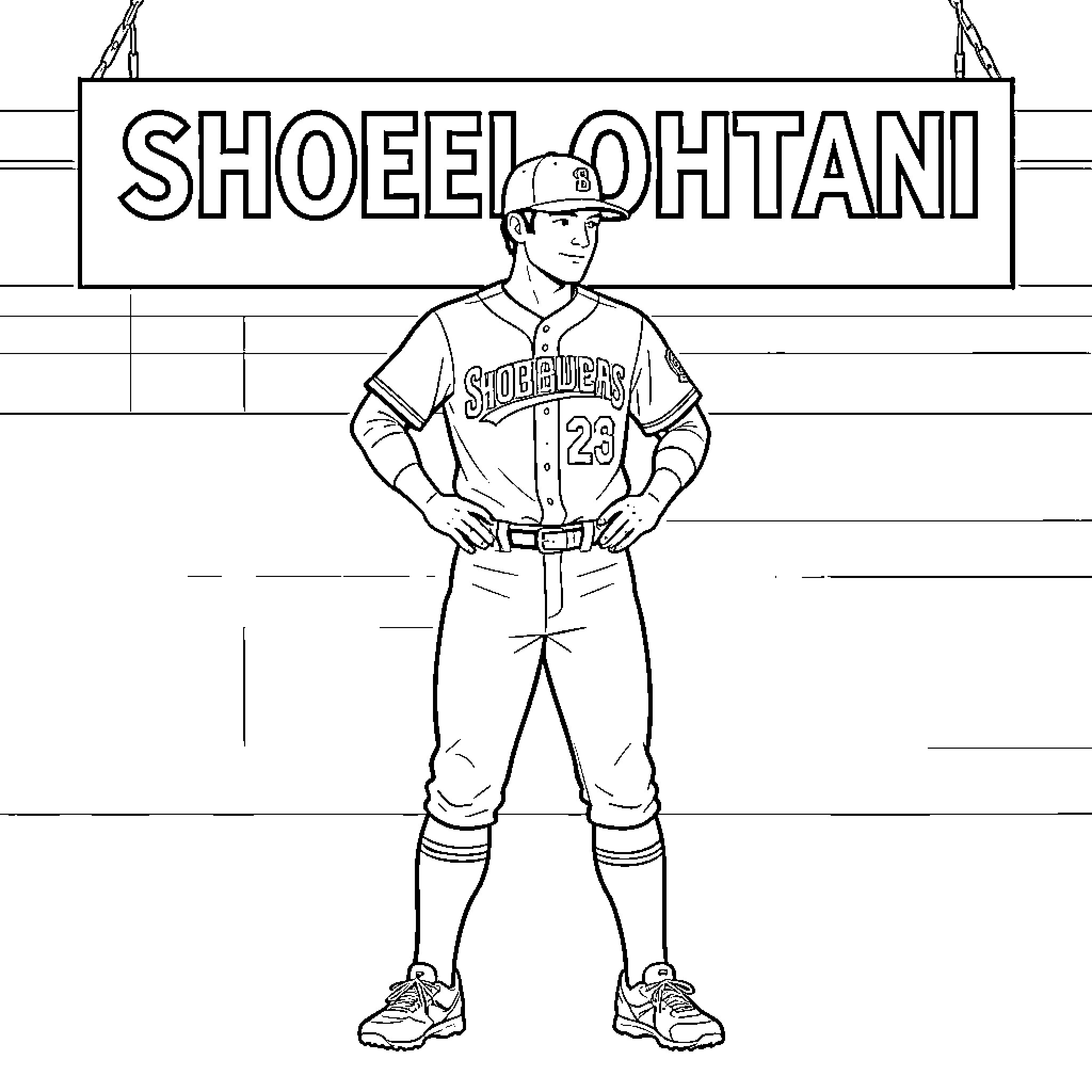 Shohei Ohtani standing confidently in his baseball uniform Coloring Page (free black-and-white line drawing printable PDF for all, from beginners to advanced learners, including children, teens, adults, and seniors)