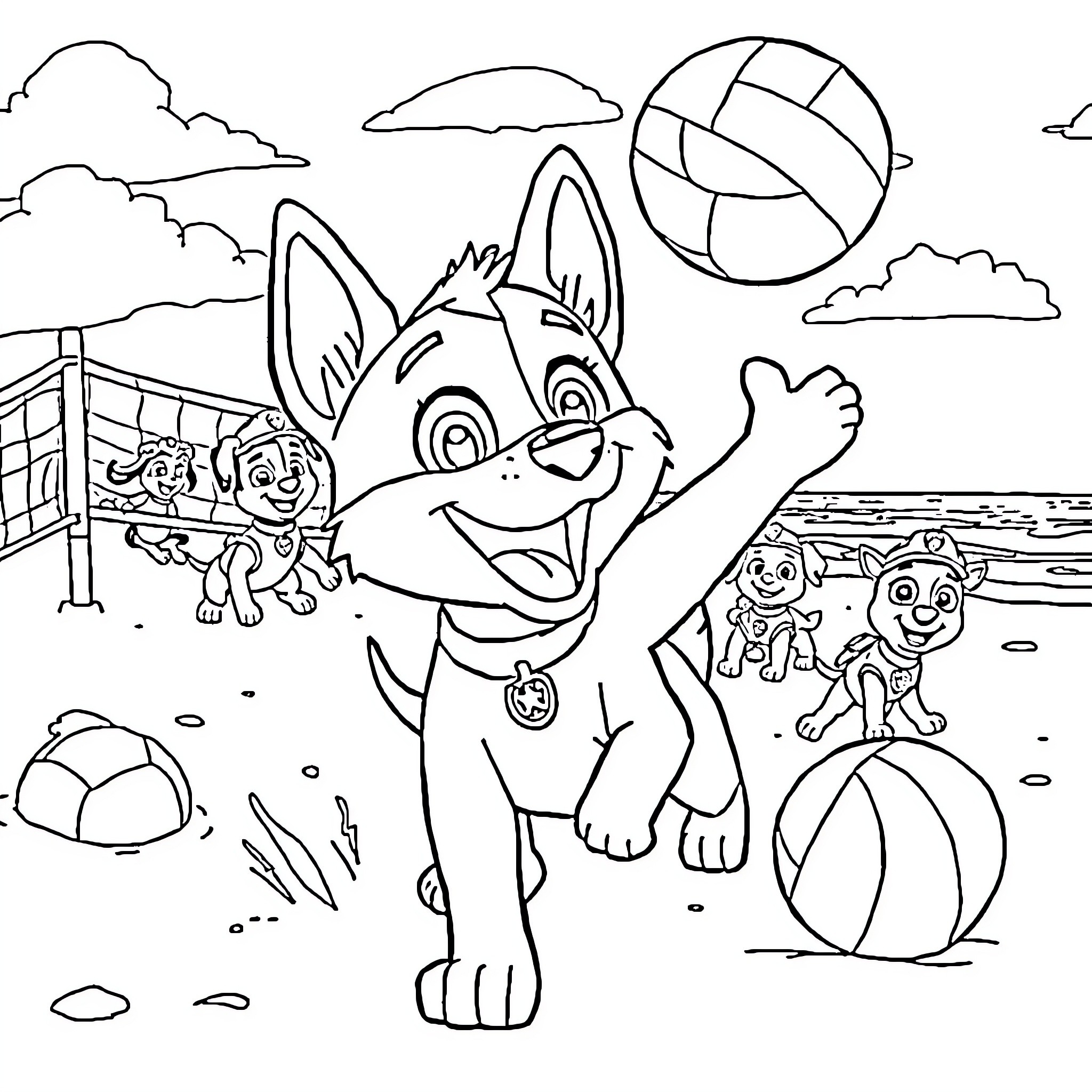 Bluey playing with friends on the beach Coloring Page (free black-and-white line drawing printable PDF for all, from beginners to advanced learners, including children, teens, adults, and seniors)