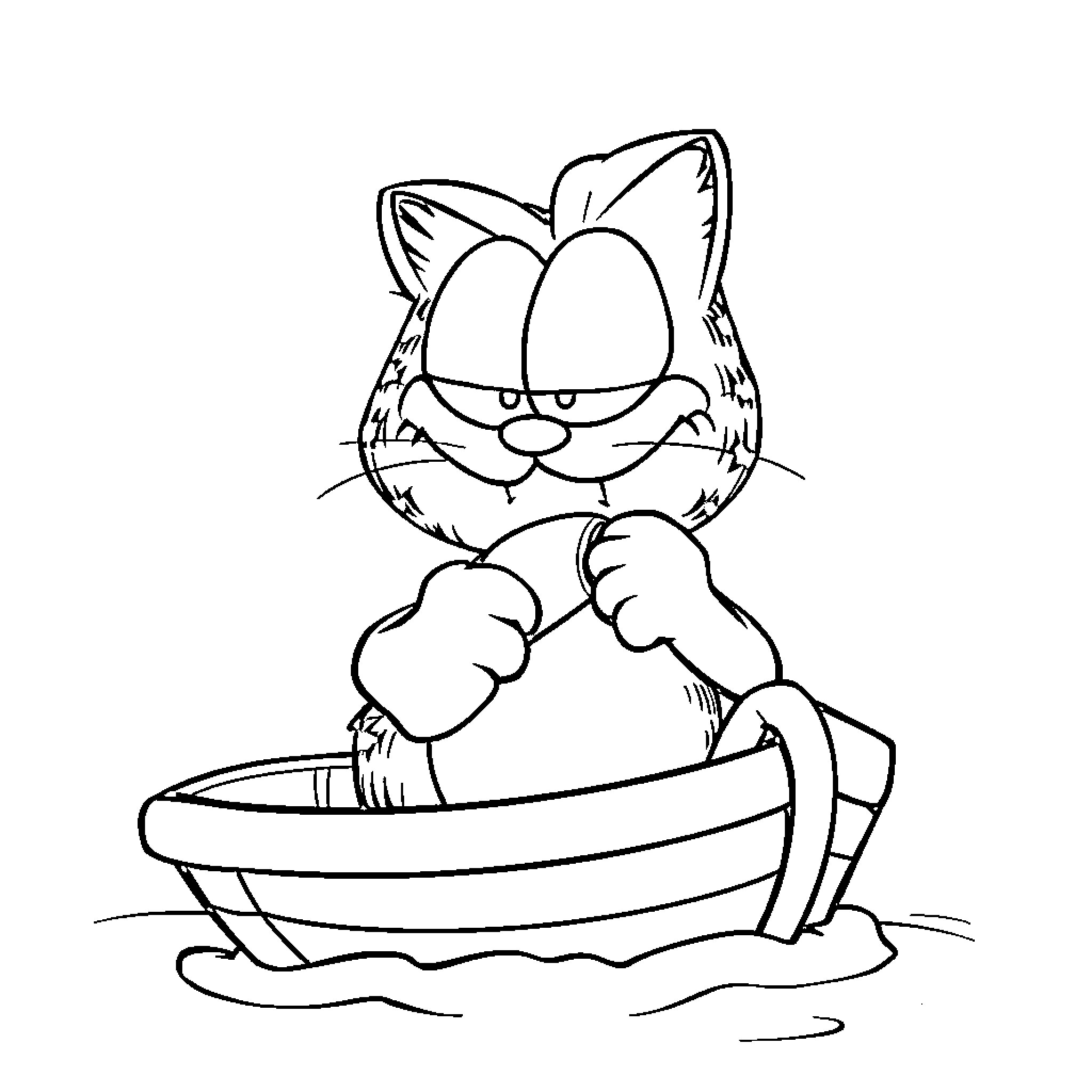 Garfield relaxing in a boat Coloring Page (free black-and-white line drawing printable PDF for all, from beginners to advanced learners, including children, teens, adults, and seniors)