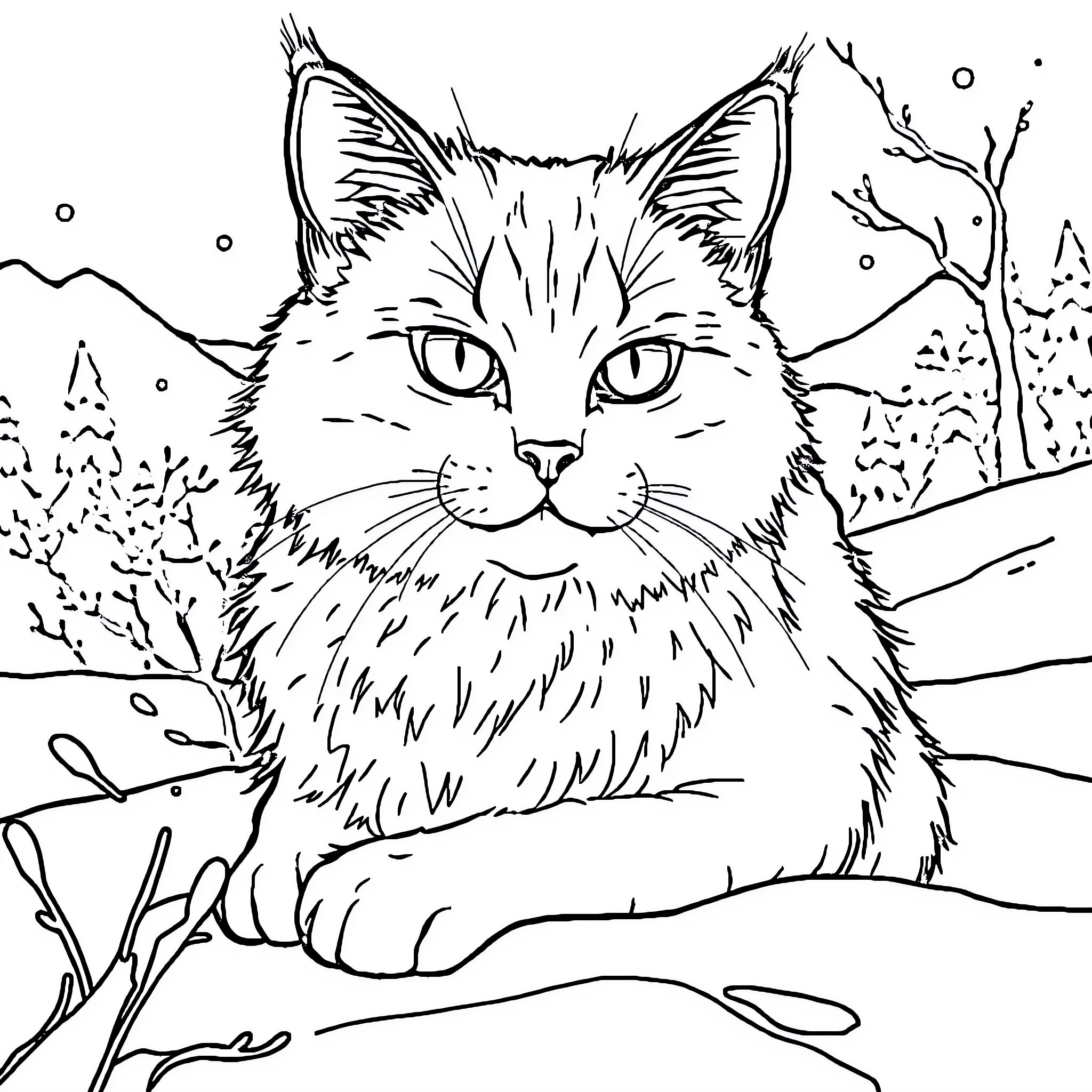 Snow Queen Cat in Snowy Forest Coloring Page (free black-and-white line drawing printable PDF for all, from beginners to advanced learners, including children, teens, adults, and seniors)