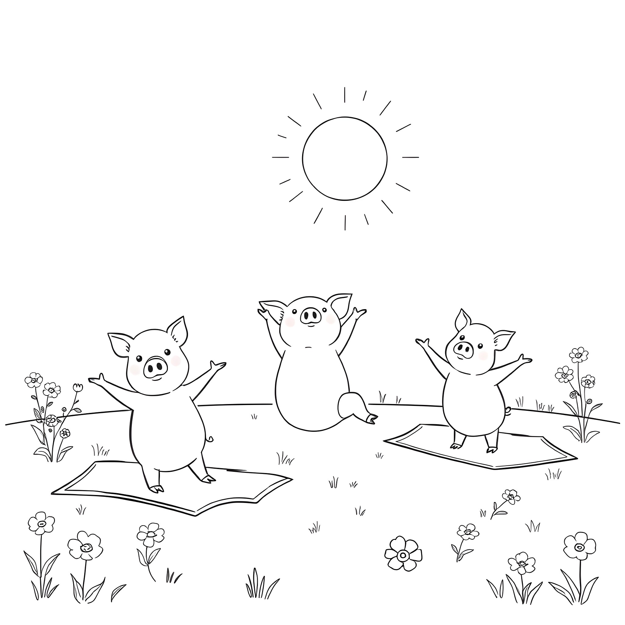 Pigs playing joyfully in the meadow Coloring Page (free black-and-white line drawing printable PDF for all, from beginners to advanced learners, including children, teens, adults, and seniors)