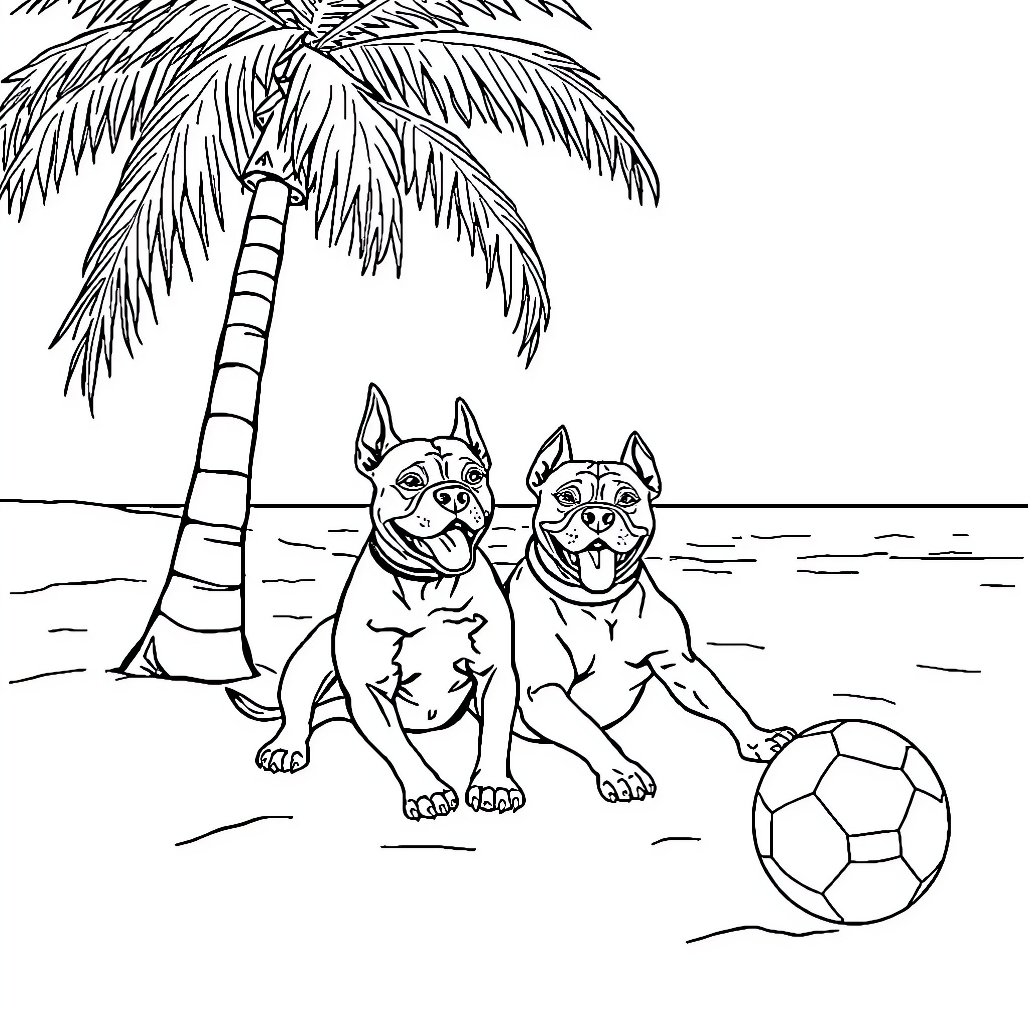 Perros jugando con pelota en la playa Coloring Page (free black-and-white line drawing printable PDF for all, from beginners to advanced learners, including children, teens, adults, and seniors)