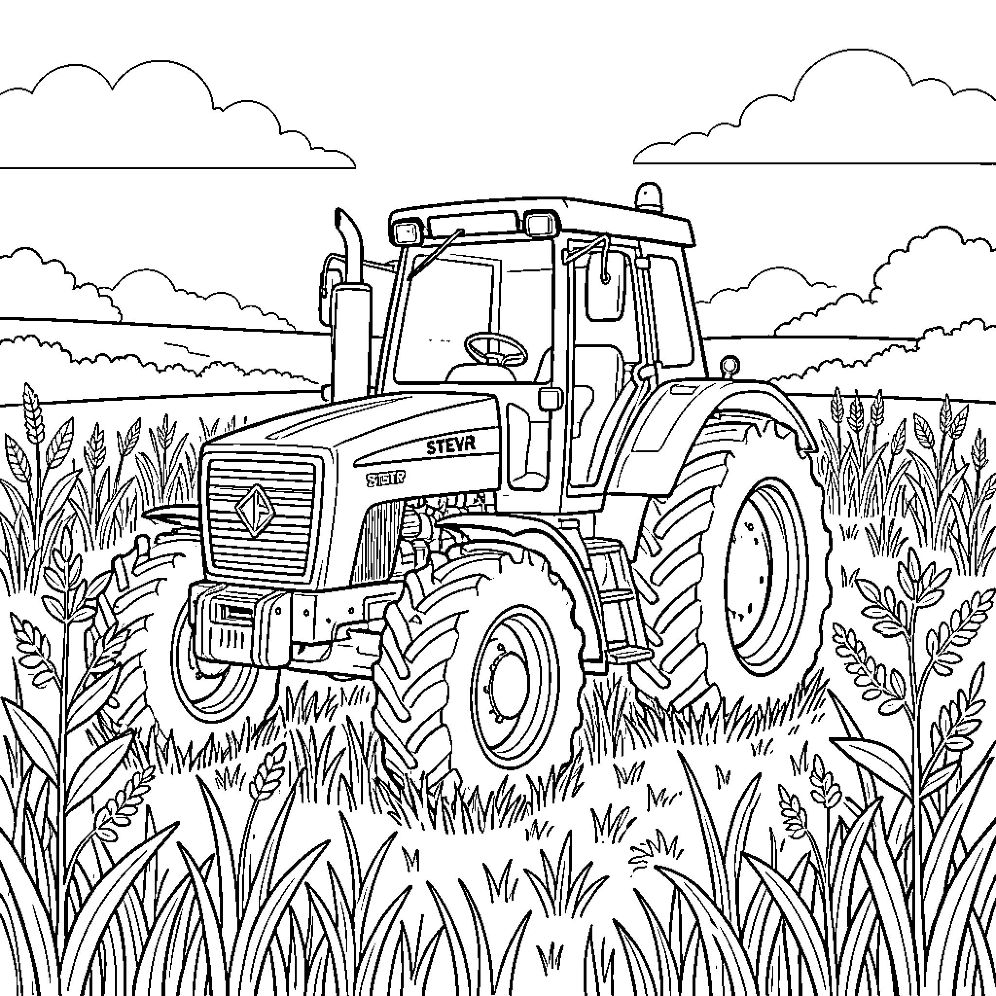 Tractor parked in a field of tall crops Coloring Page (free black-and-white line drawing printable PDF for all, from beginners to advanced learners, including children, teens, adults, and seniors)