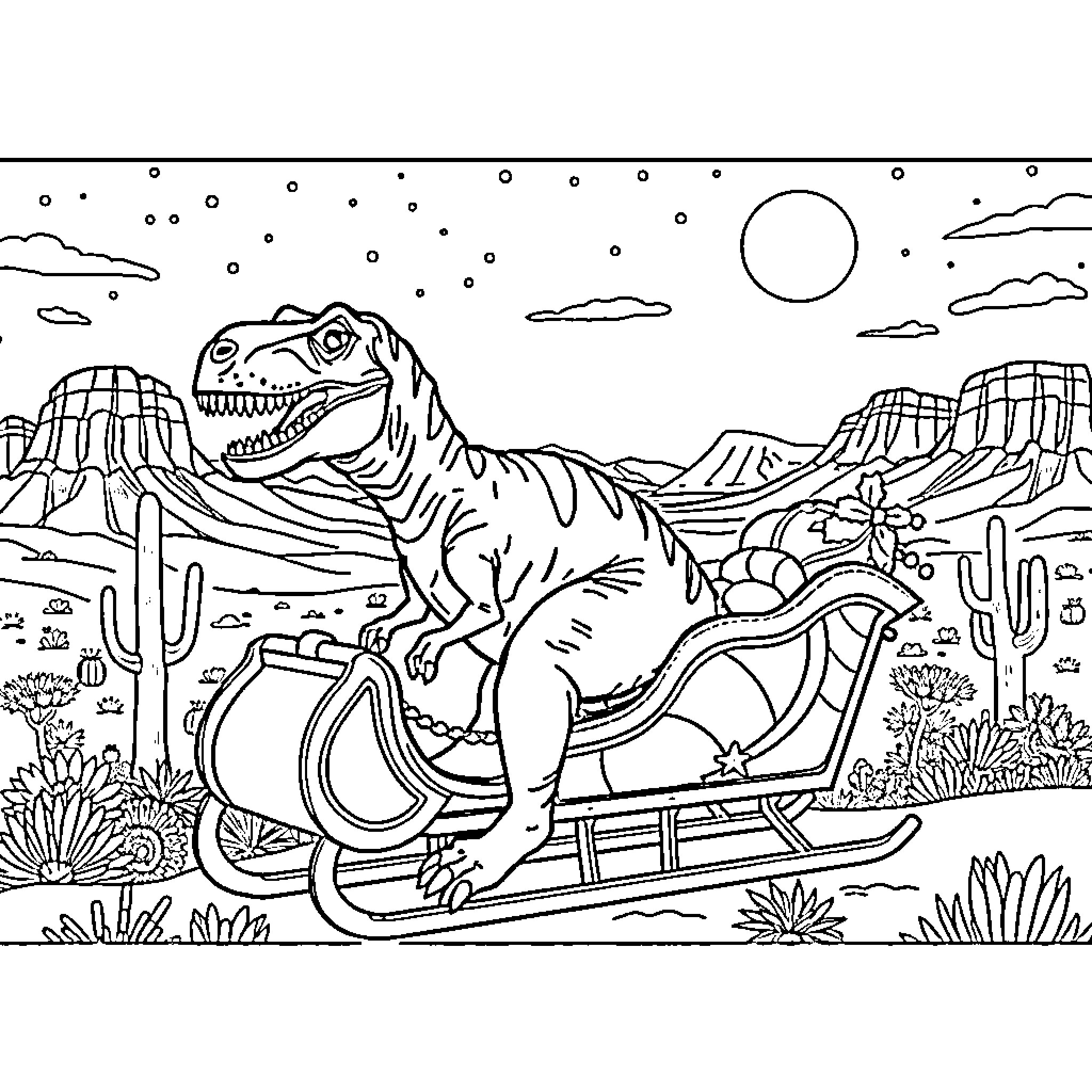 T-Rex riding a sleigh in a desert landscape Coloring Page (free black-and-white line drawing printable PDF for all, from beginners to advanced learners, including children, teens, adults, and seniors)