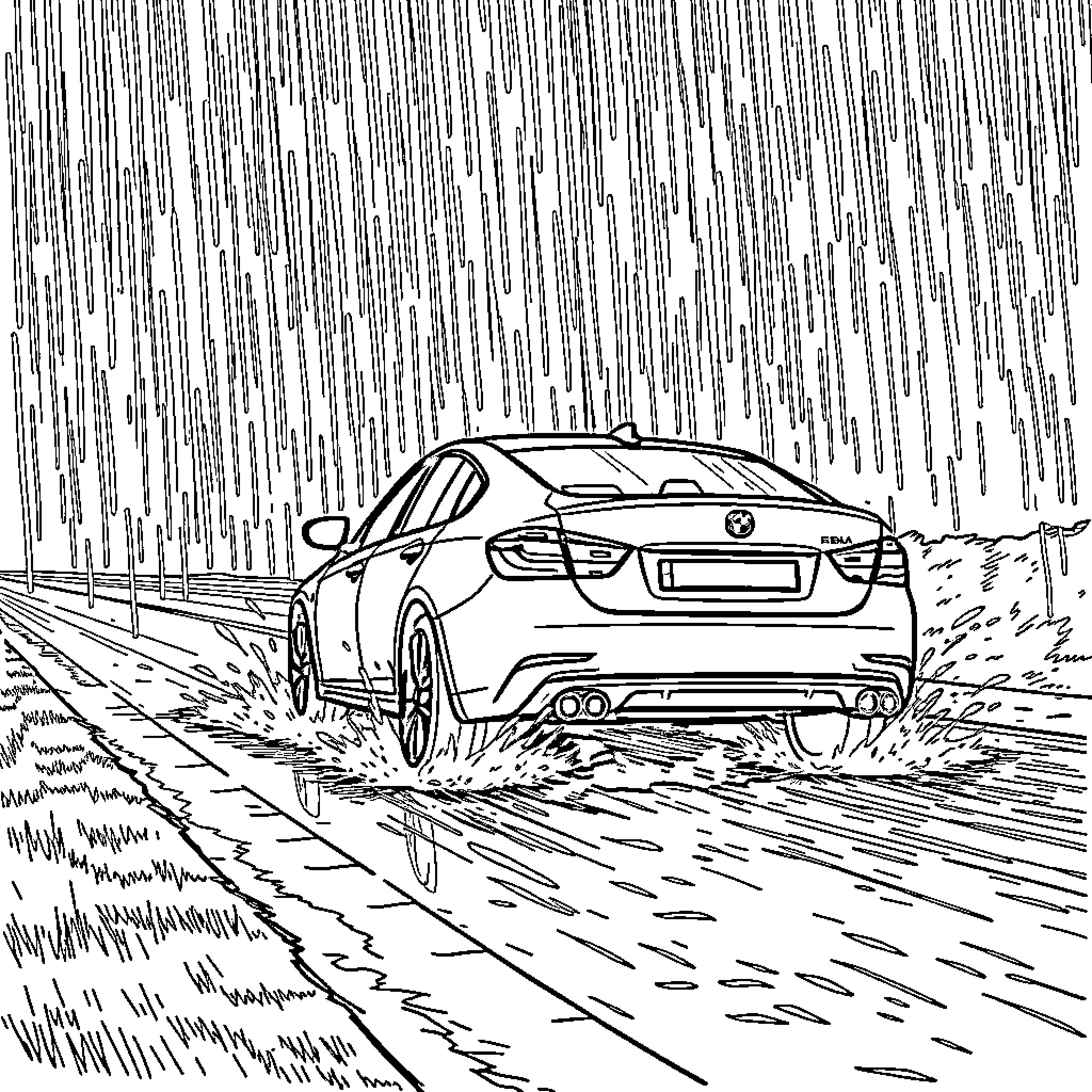 Car racing through the rain on a wet road Coloring Page (free black-and-white line drawing printable PDF for all, from beginners to advanced learners, including children, teens, adults, and seniors)