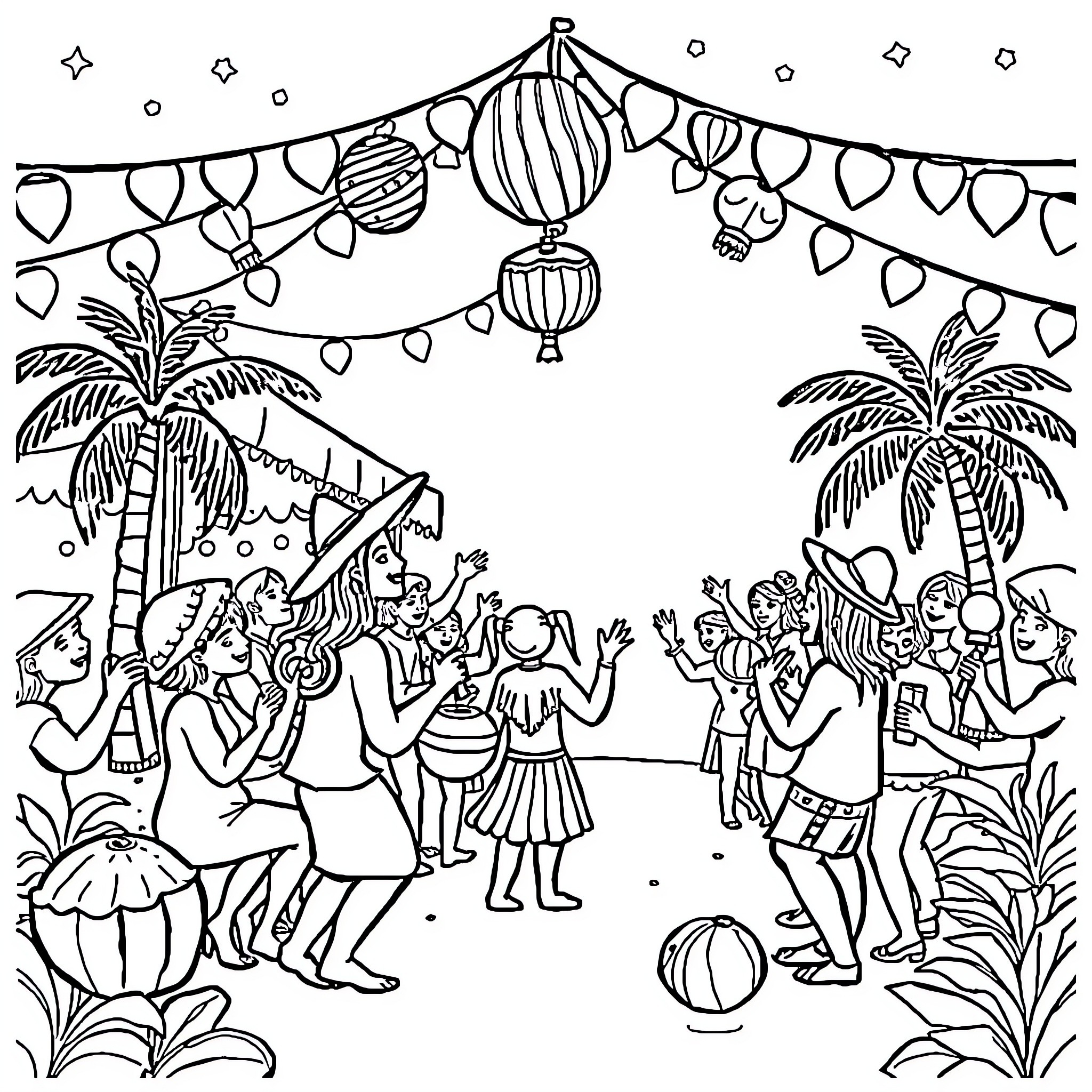 Cocowyo: Festive Celebration Under Colorful Decorations Coloring Page (free black-and-white line drawing printable PDF for all, from beginners to advanced learners, including children, teens, adults, and seniors)