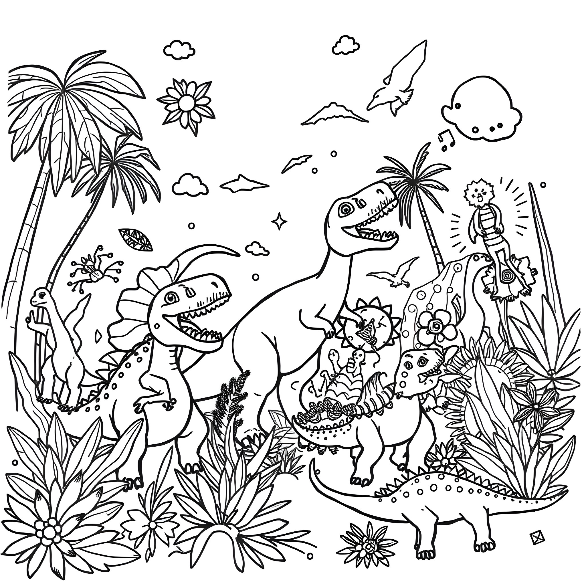 Dino Friends Exploring the Tropical Landscape Coloring Page (free black-and-white line drawing printable PDF for all, from beginners to advanced learners, including children, teens, adults, and seniors)