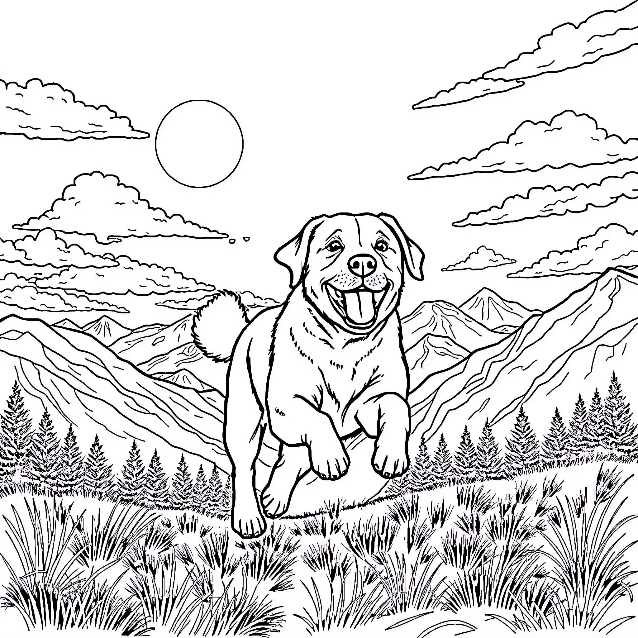 Labrador exploring the scenic mountain landscape Coloring Page (free black-and-white line drawing printable PDF for all, from beginners to advanced learners, including children, teens, adults, and seniors)