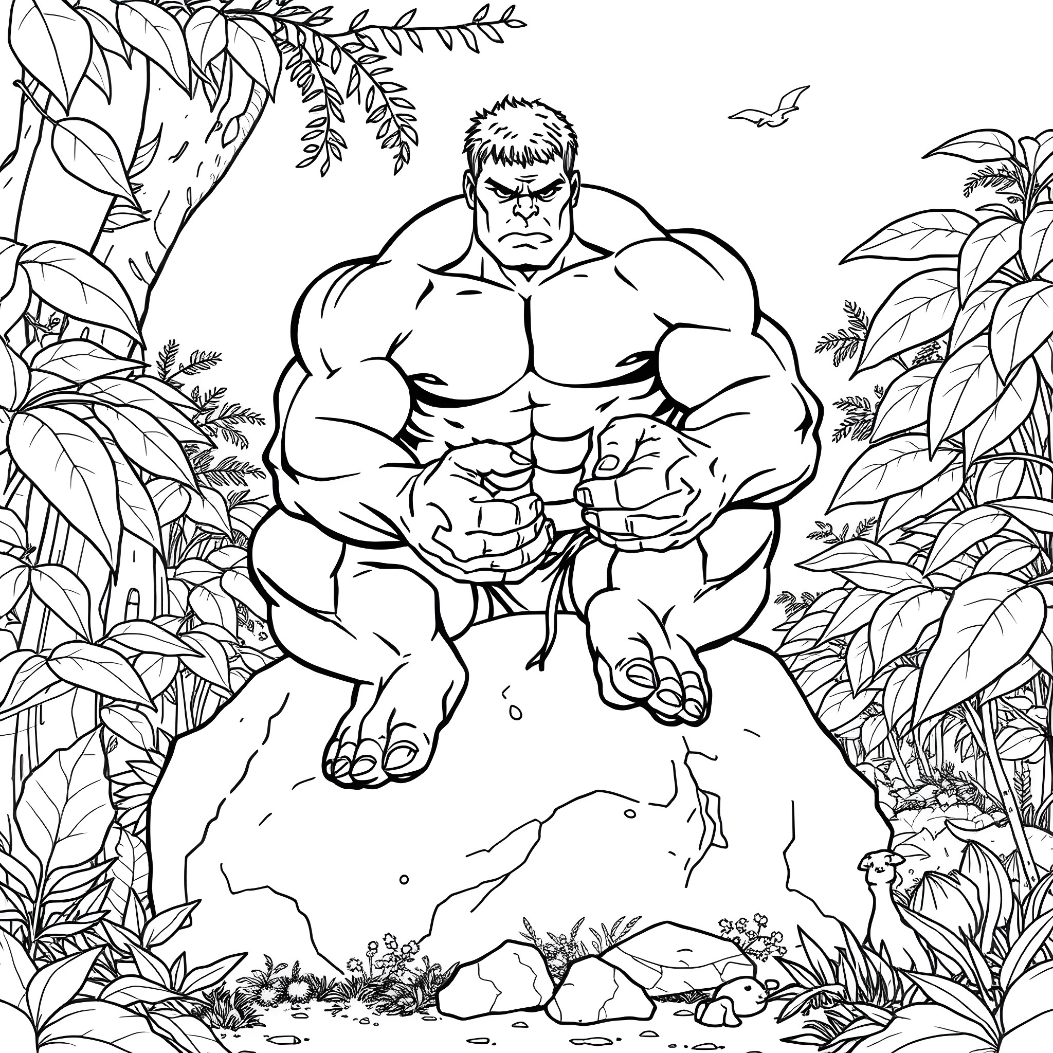 Hulk Smashing Through the Jungle Coloring Page (free black-and-white line drawing printable PDF for all, from beginners to advanced learners, including children, teens, adults, and seniors)
