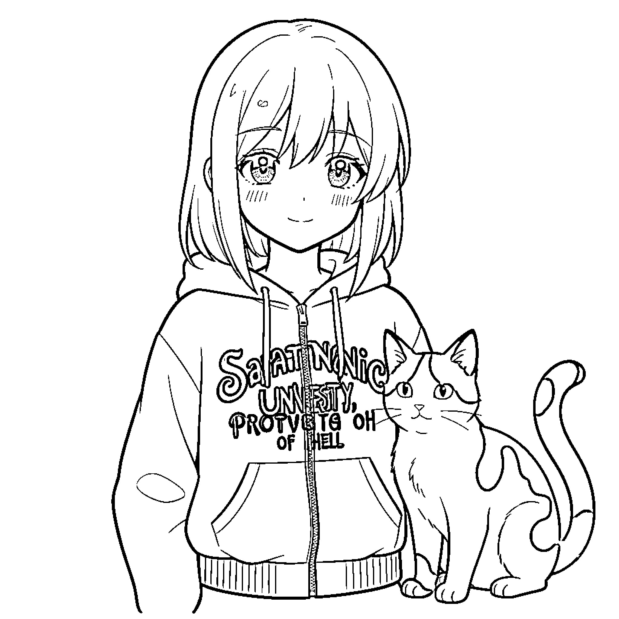 Anime Girl wearing a hoodie sitting with a cat Coloring Page (free black-and-white line drawing printable PDF for all, from beginners to advanced learners, including children, teens, adults, and seniors)