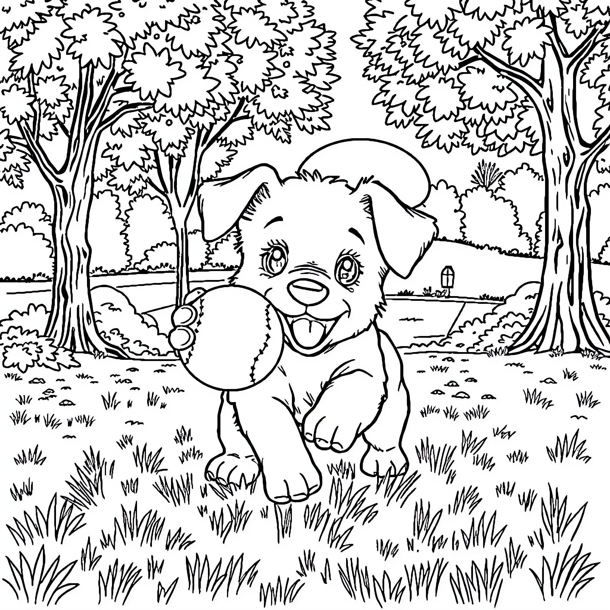 Puppy enjoying the outdoors in a nature scene Coloring Page (free black-and-white line drawing printable PDF for all, from beginners to advanced learners, including children, teens, adults, and seniors)