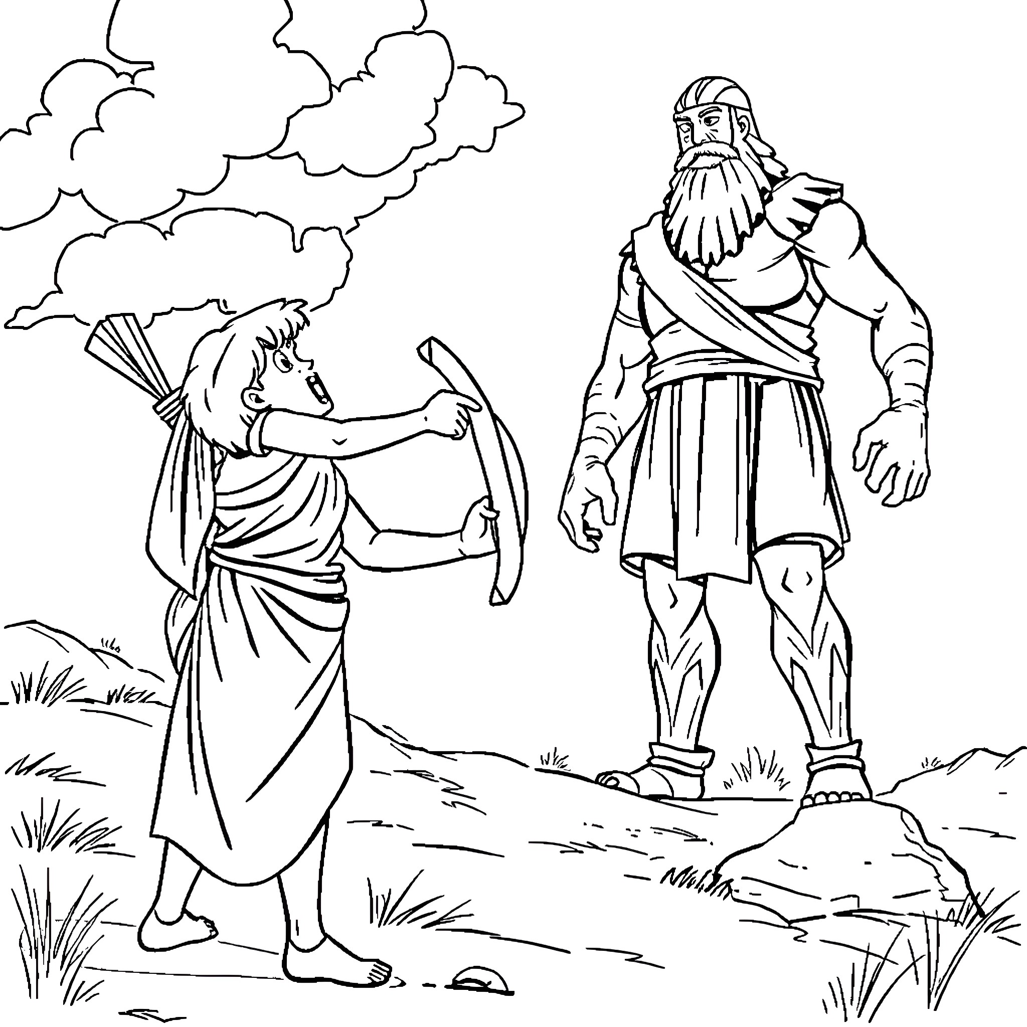 David confronting the mighty warrior Coloring Page (free black-and-white line drawing printable PDF for all, from beginners to advanced learners, including children, teens, adults, and seniors)