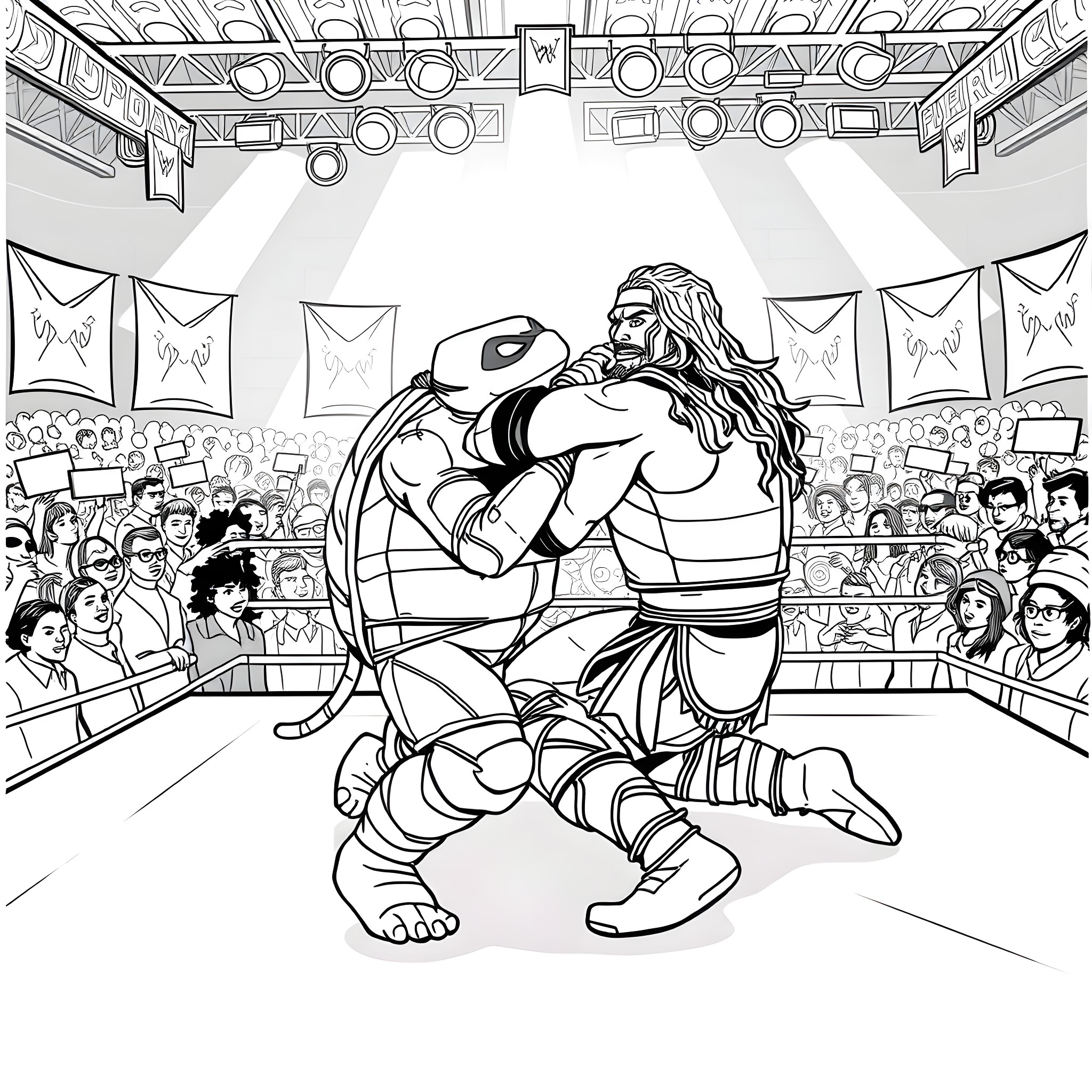 Turtle wrestlers in a packed arena Coloring Page (free black-and-white line drawing printable PDF for all, from beginners to advanced learners, including children, teens, adults, and seniors)