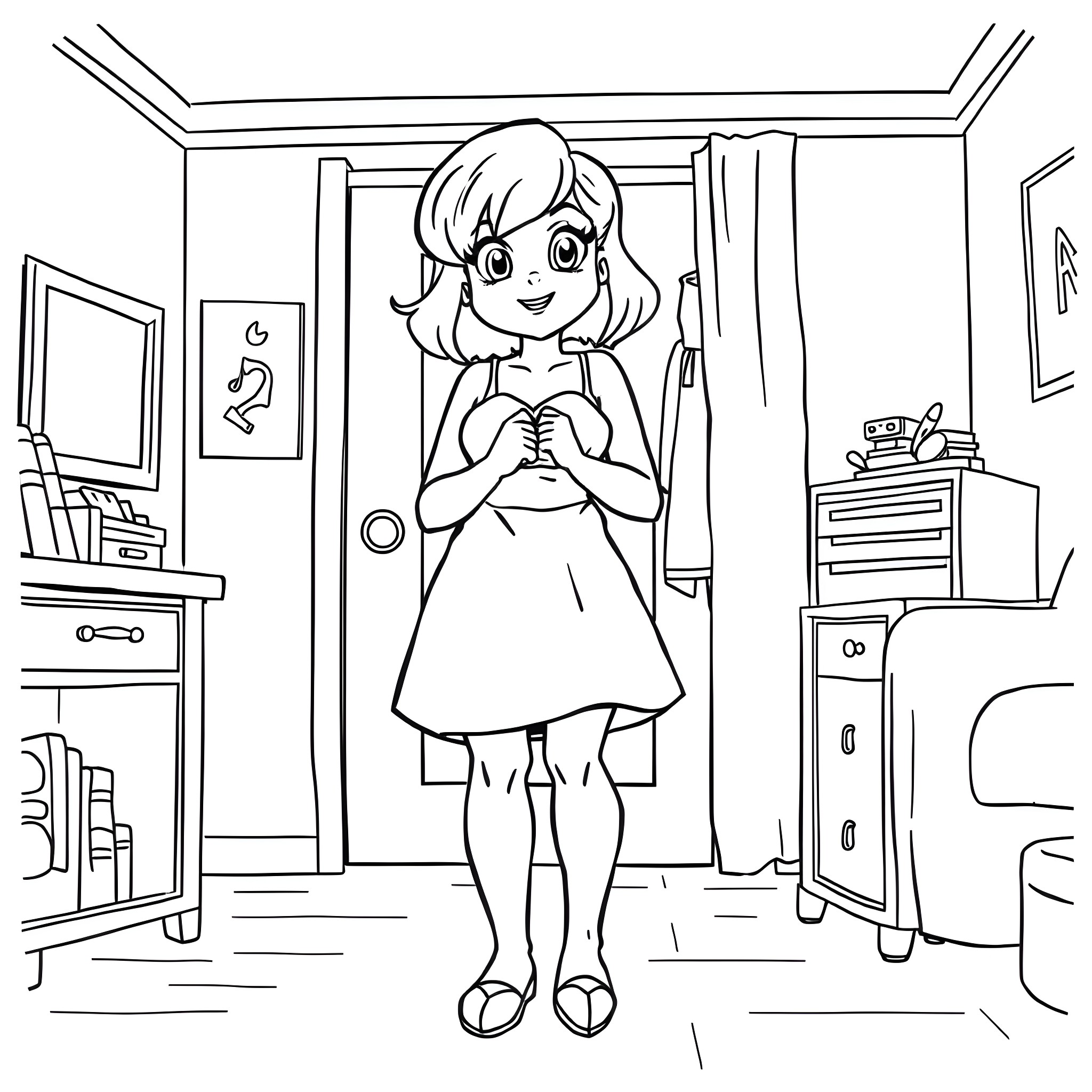 Velma in a cozy bedroom setting Coloring Page (free black-and-white line drawing printable PDF for all, from beginners to advanced learners, including children, teens, adults, and seniors)