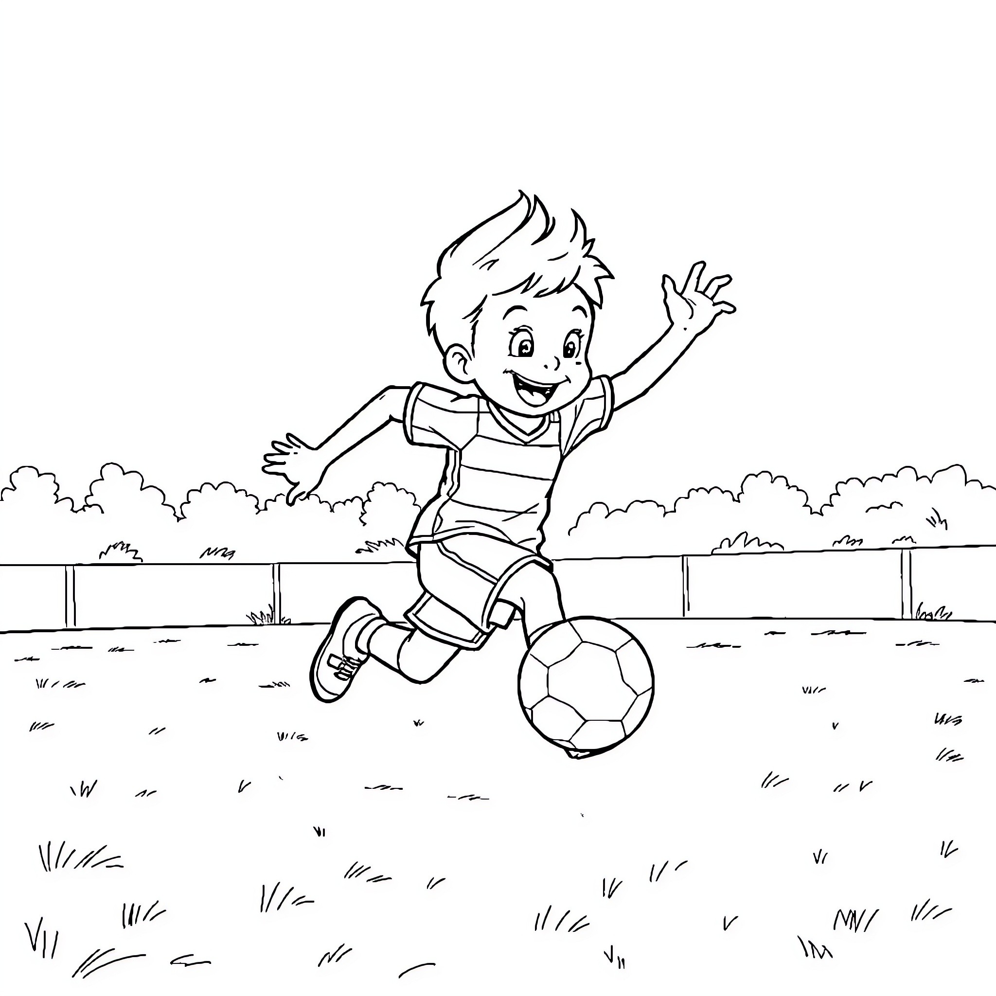 Kai Kicks the Soccer Ball with Glee Coloring Page (free black-and-white line drawing printable PDF for all, from beginners to advanced learners, including children, teens, adults, and seniors)