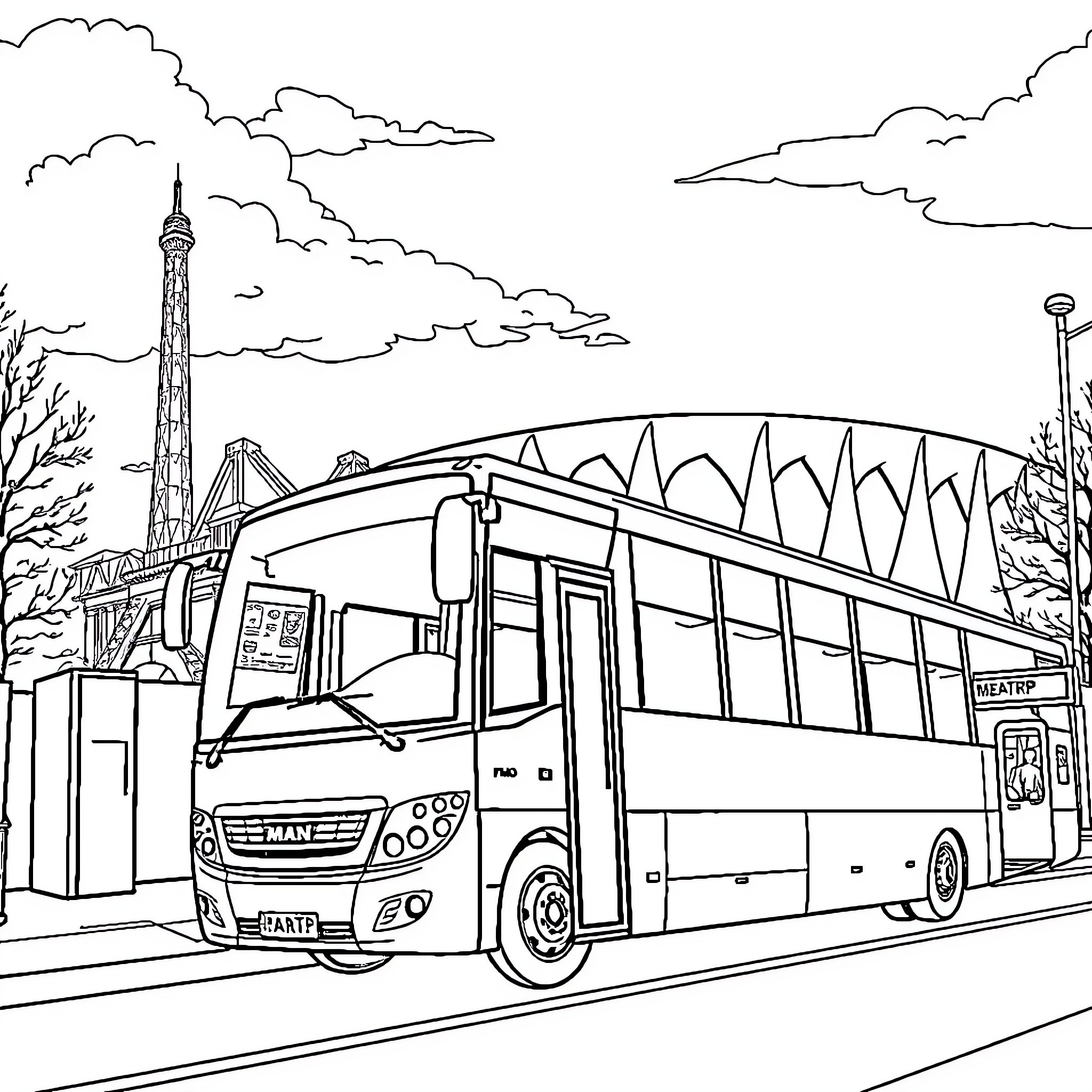 Bus Traveling Through City Landscape Coloring Page (free black-and-white line drawing printable PDF for all, from beginners to advanced learners, including children, teens, adults, and seniors)