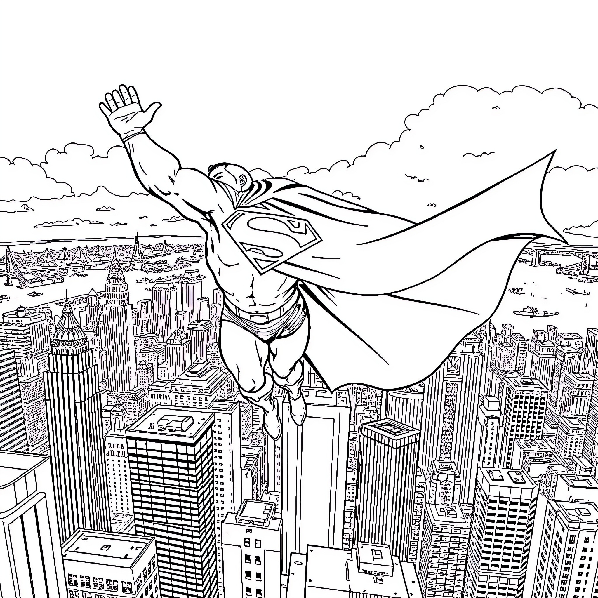 Superman soaring heroically over the city skyline Coloring Page (free black-and-white line drawing printable PDF for all, from beginners to advanced learners, including children, teens, adults, and seniors)