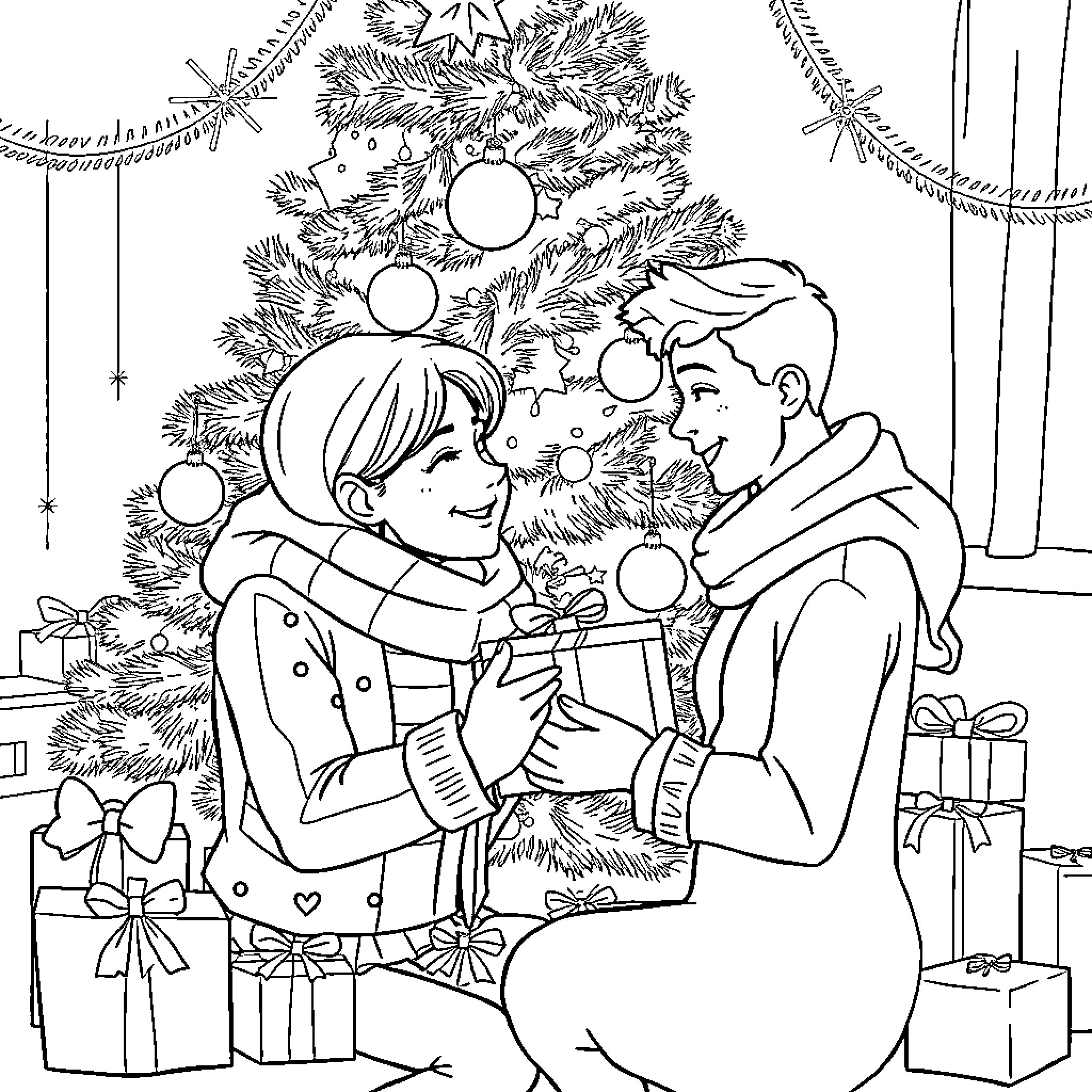 Couple exchanging gifts by Christmas tree Coloring Page (free black-and-white line drawing printable PDF for all, from beginners to advanced learners, including children, teens, adults, and seniors)