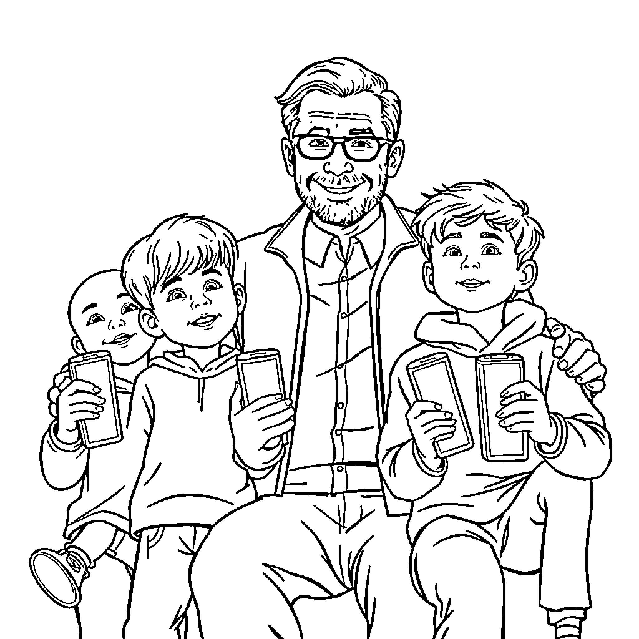 Michael Scott smiling with two young boys holding phones Coloring Page (free black-and-white line drawing printable PDF for all, from beginners to advanced learners, including children, teens, adults, and seniors)