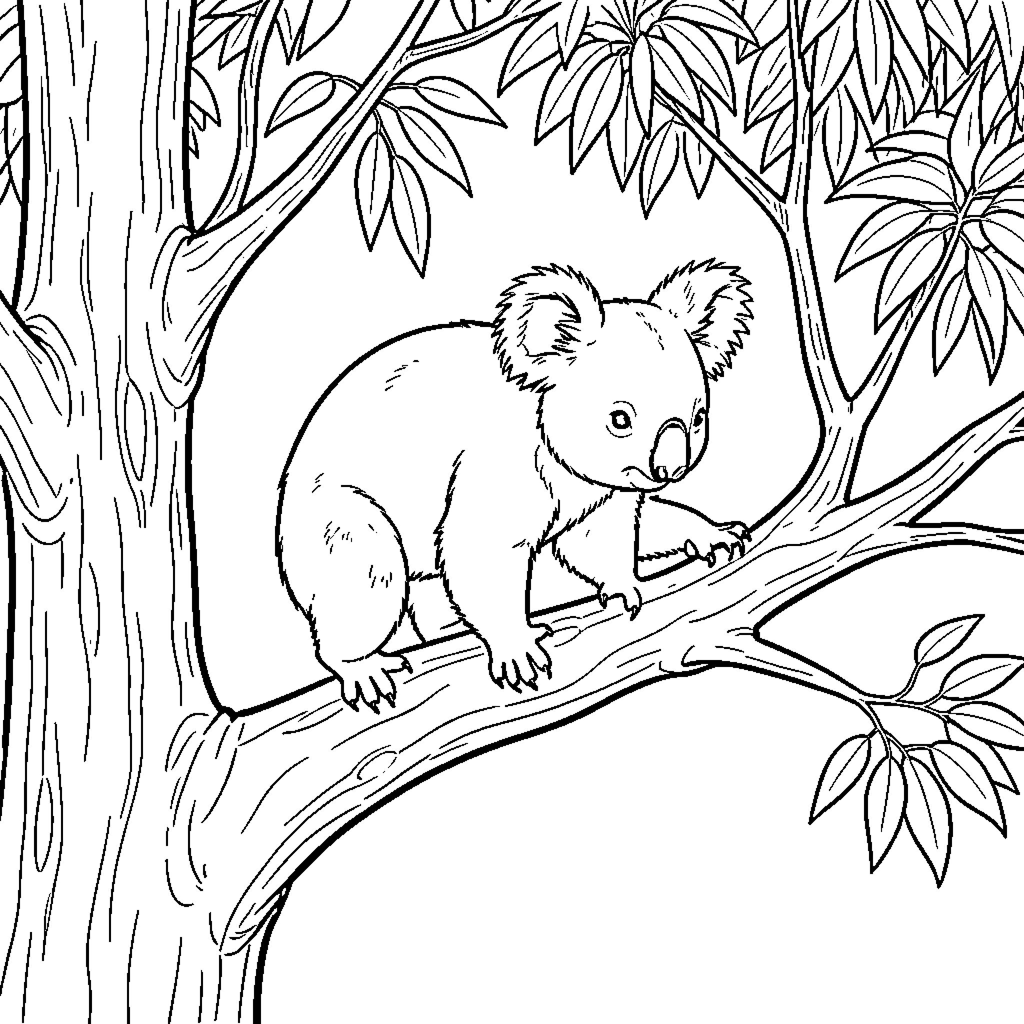 Koala climbing through tree branches in the wild Coloring Page (free black-and-white line drawing printable PDF for all, from beginners to advanced learners, including children, teens, adults, and seniors)