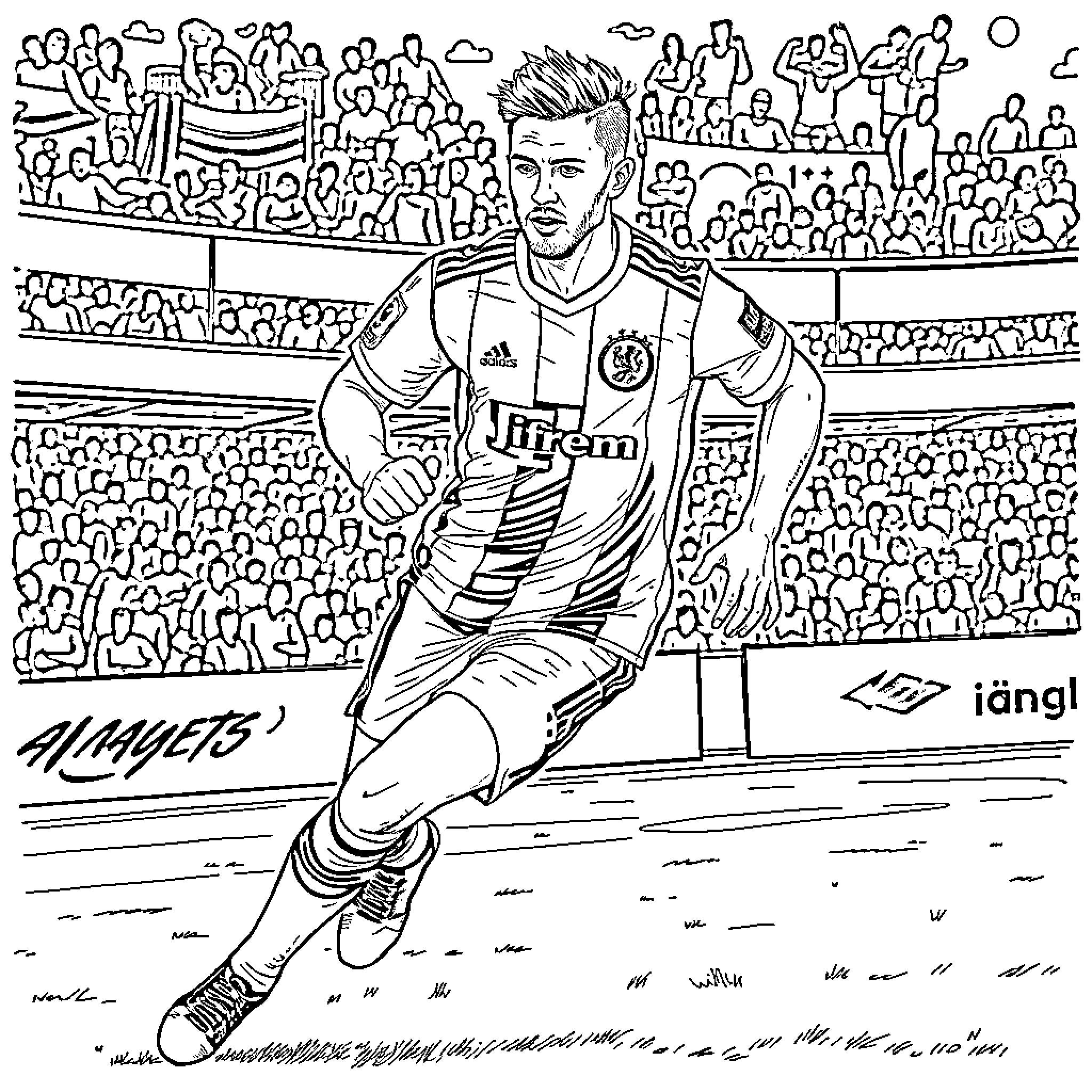 Viktor Gyokeres playing on the soccer field Coloring Page (free black-and-white line drawing printable PDF for all, from beginners to advanced learners, including children, teens, adults, and seniors)