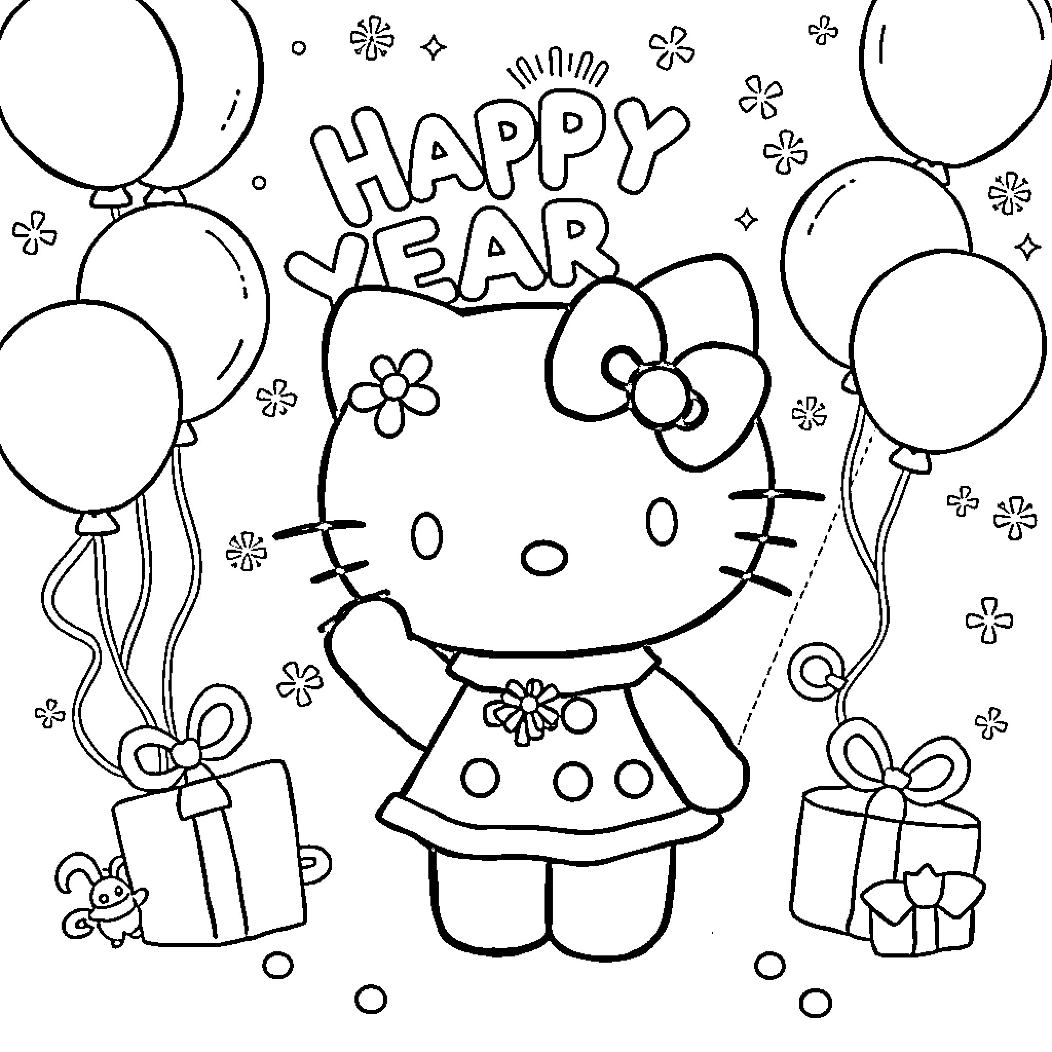 Hello Kitty Celebrating the New Year Coloring Page (free black-and-white line drawing printable PDF for all, from beginners to advanced learners, including children, teens, adults, and seniors)