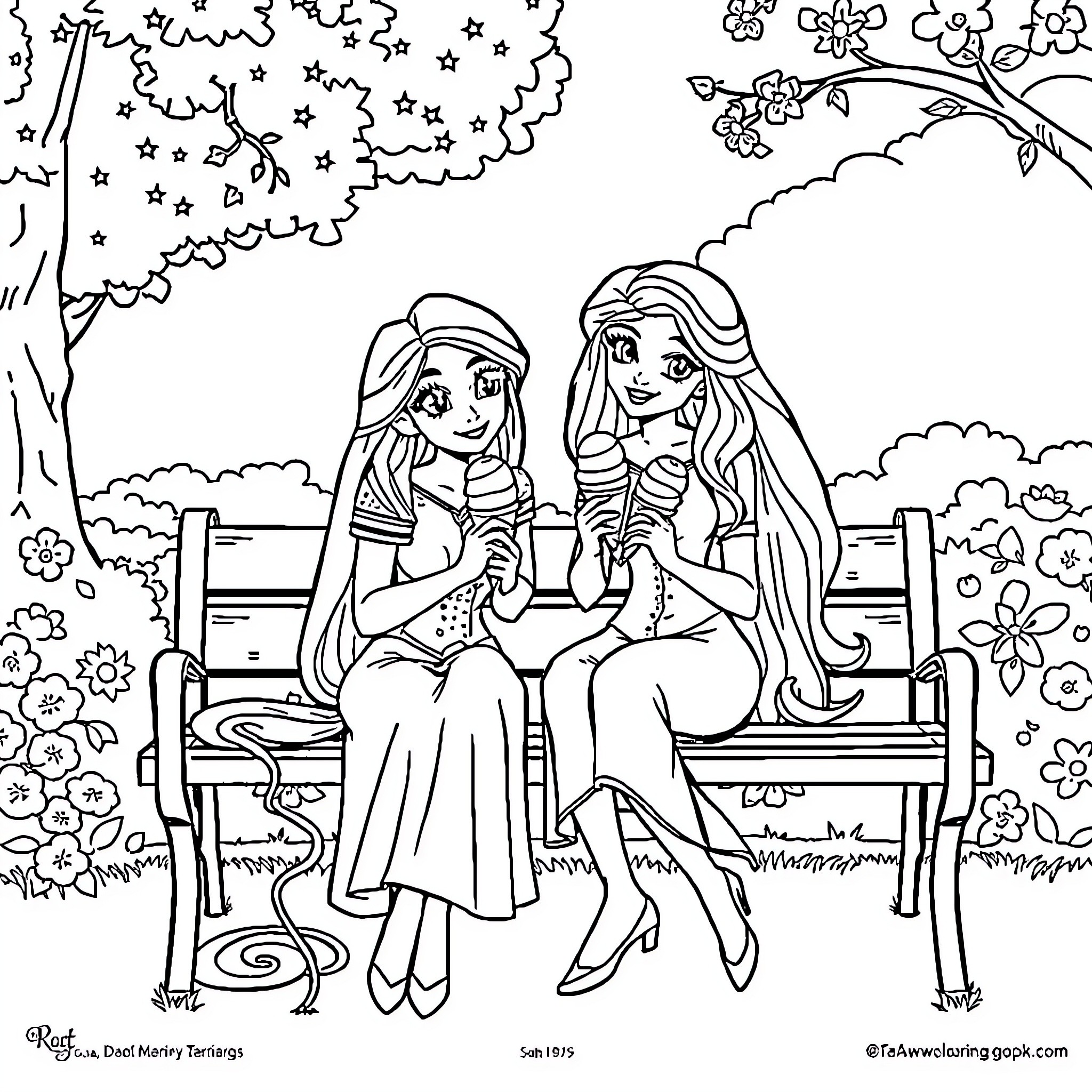 Princess Friends Enjoying a Peaceful Moment Coloring Page (free black-and-white line drawing printable PDF for all, from beginners to advanced learners, including children, teens, adults, and seniors)