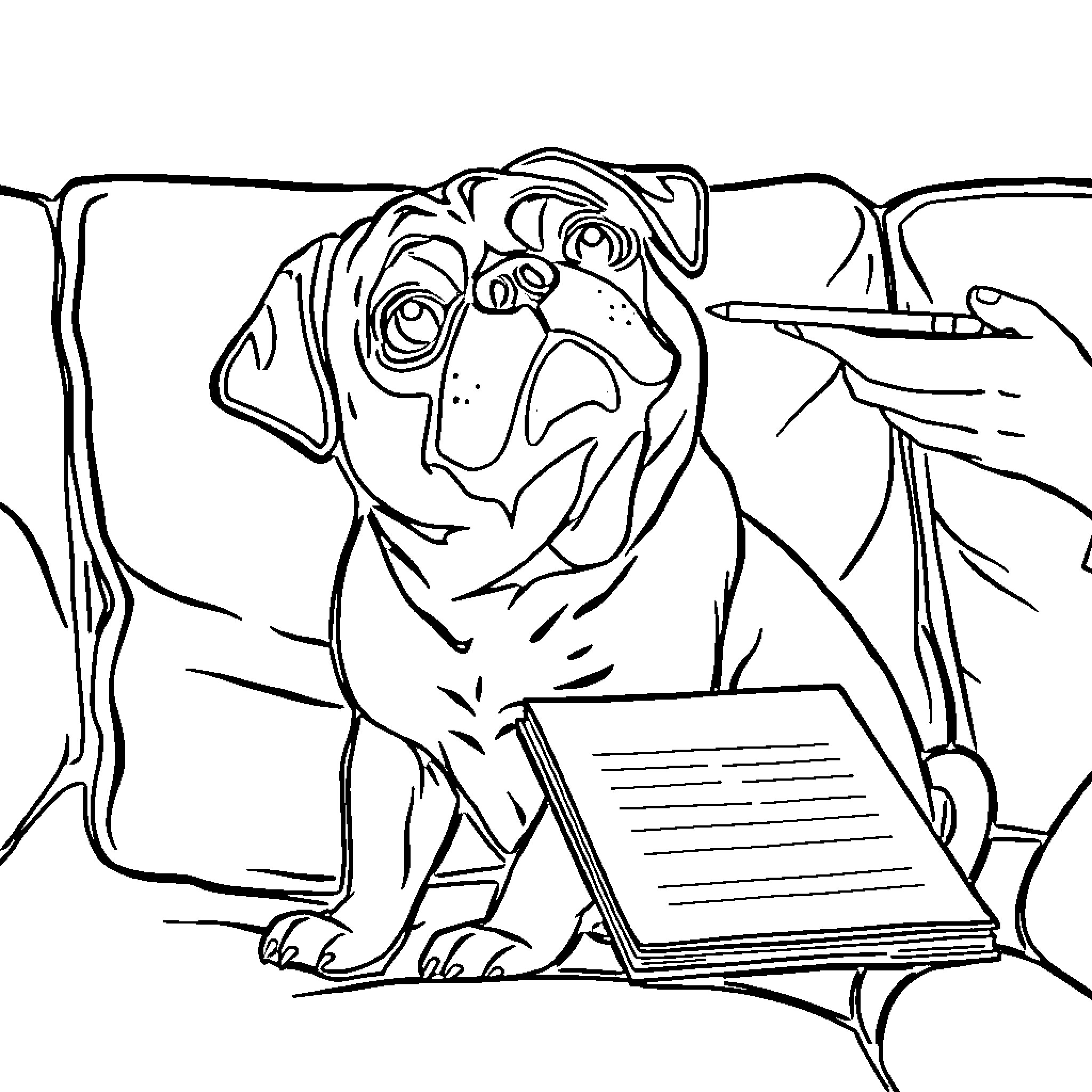 Pug studying intently on a book Coloring Page (free black-and-white line drawing printable PDF for all, from beginners to advanced learners, including children, teens, adults, and seniors)