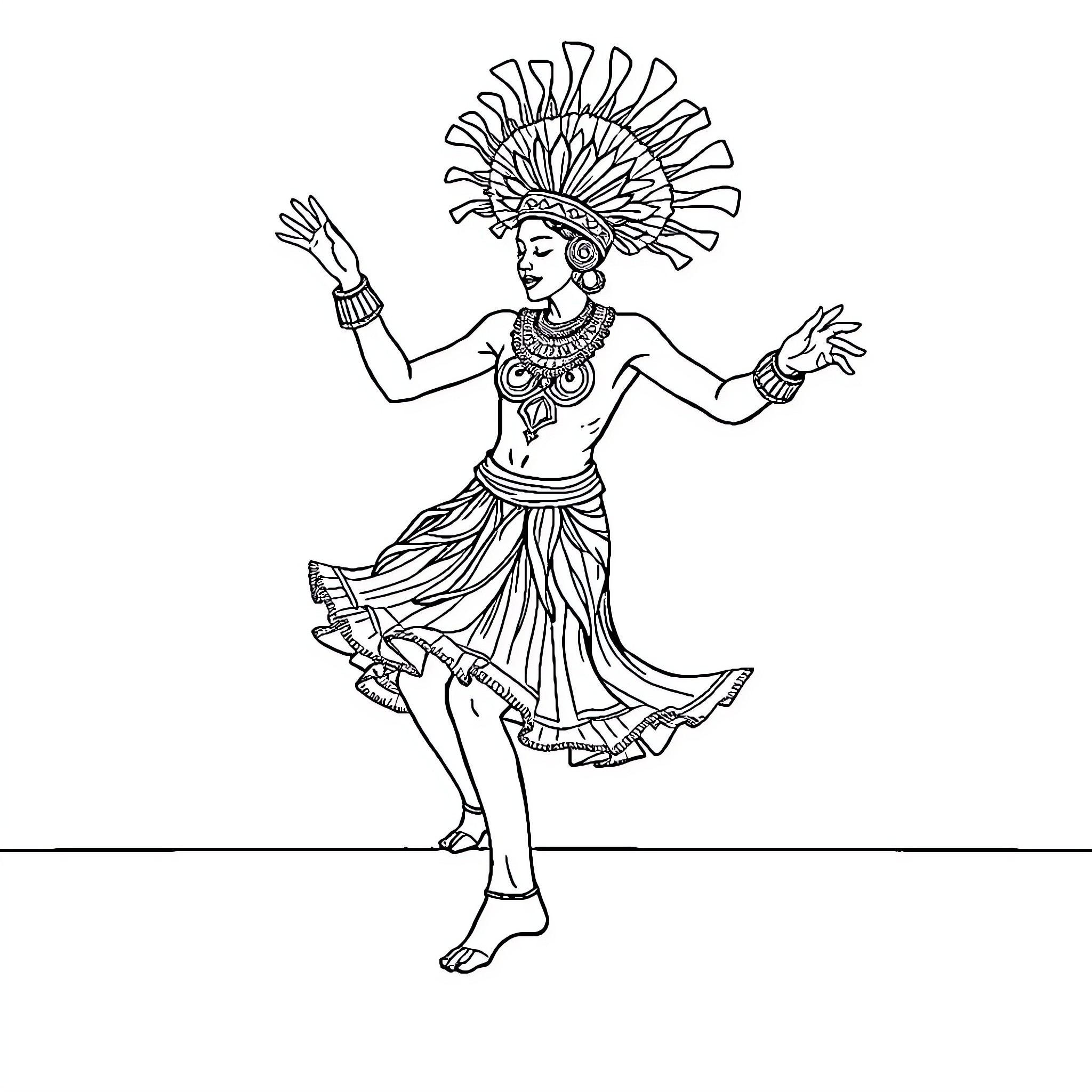 Labubu performing traditional dance in vibrant costume Coloring Page (free black-and-white line drawing printable PDF for all, from beginners to advanced learners, including children, teens, adults, and seniors)