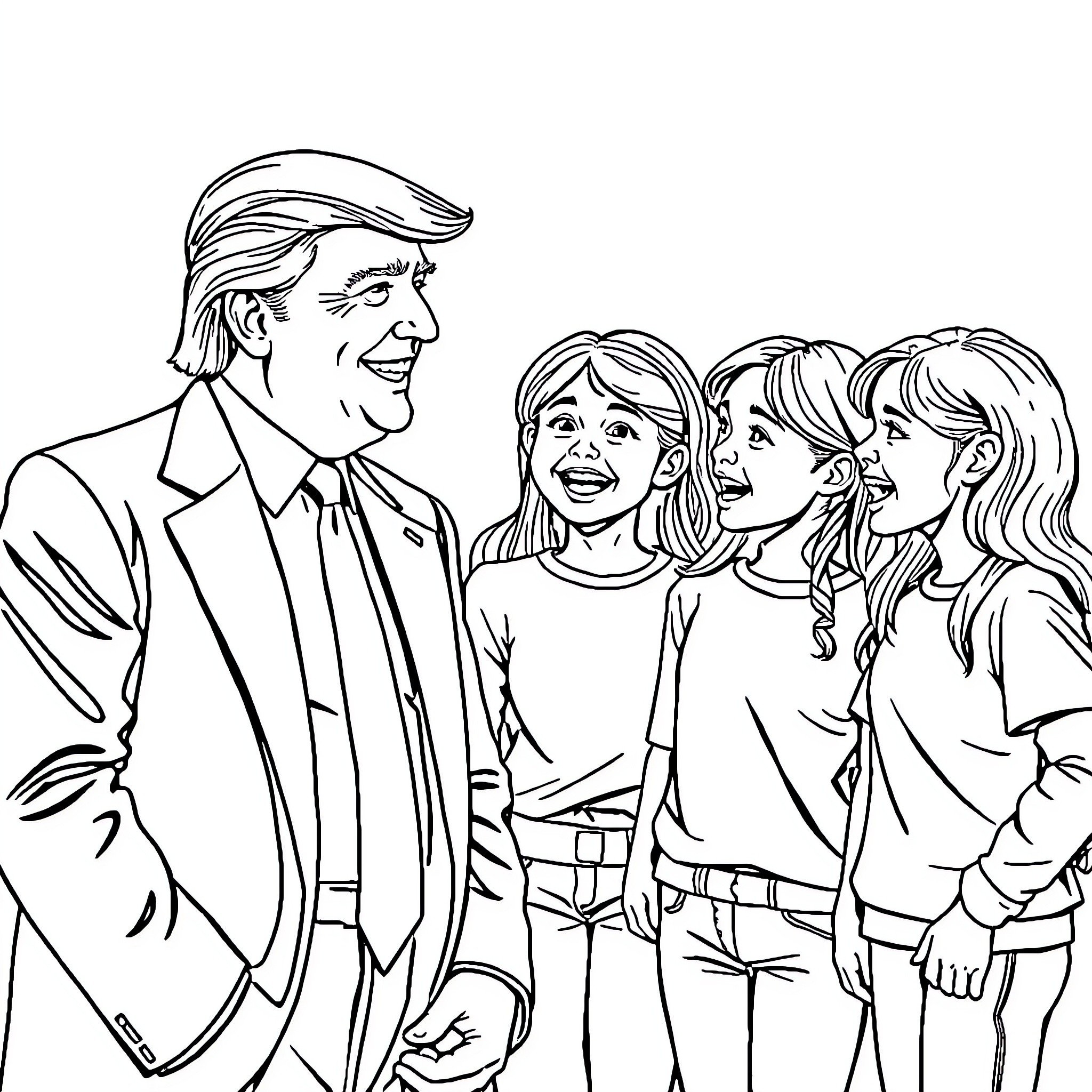 Donald Trump Posing with Family Members Coloring Page (free black-and-white line drawing printable PDF for all, from beginners to advanced learners, including children, teens, adults, and seniors)