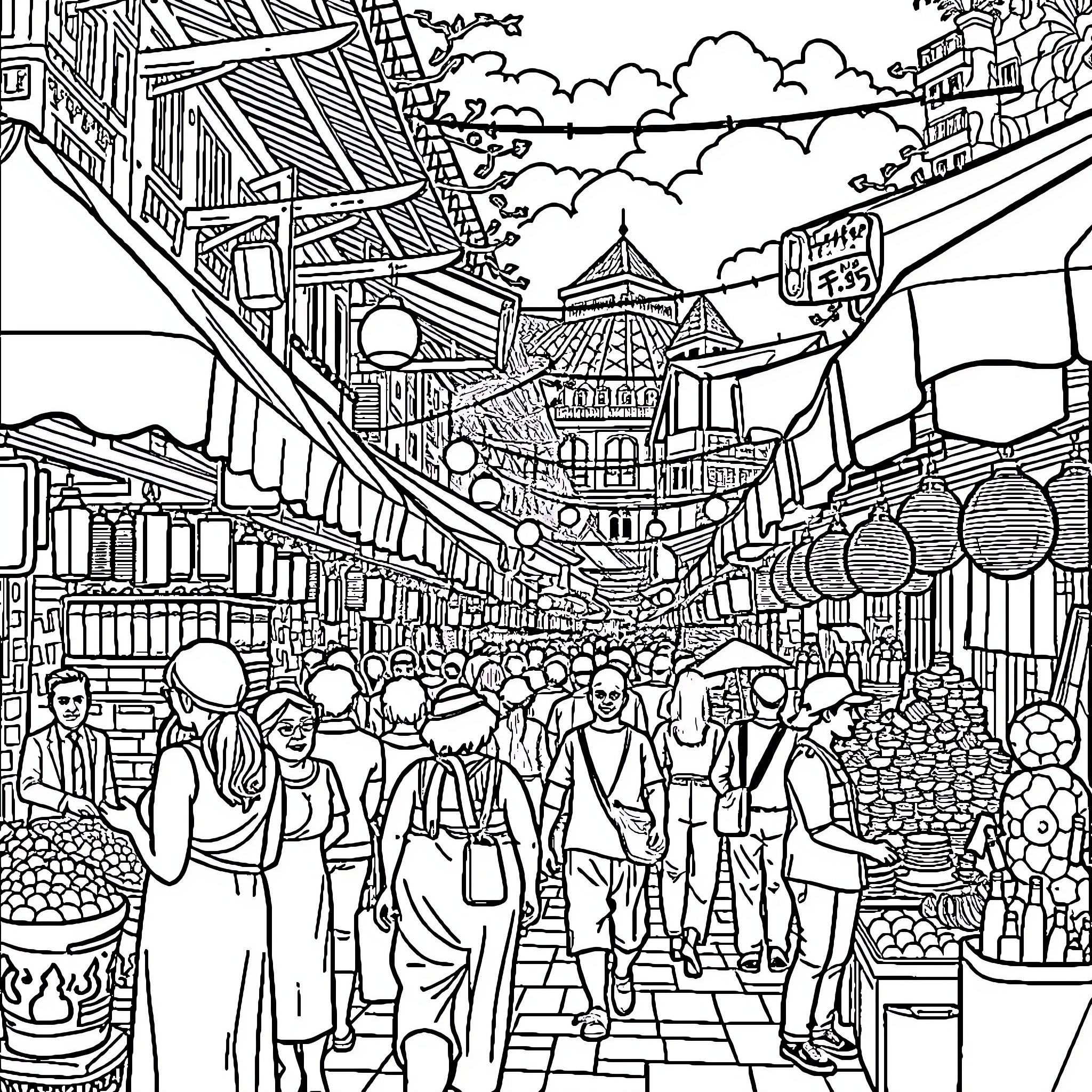 Tanga: Vibrant Marketplace Scene Coloring Page (free black-and-white line drawing printable PDF for all, from beginners to advanced learners, including children, teens, adults, and seniors)