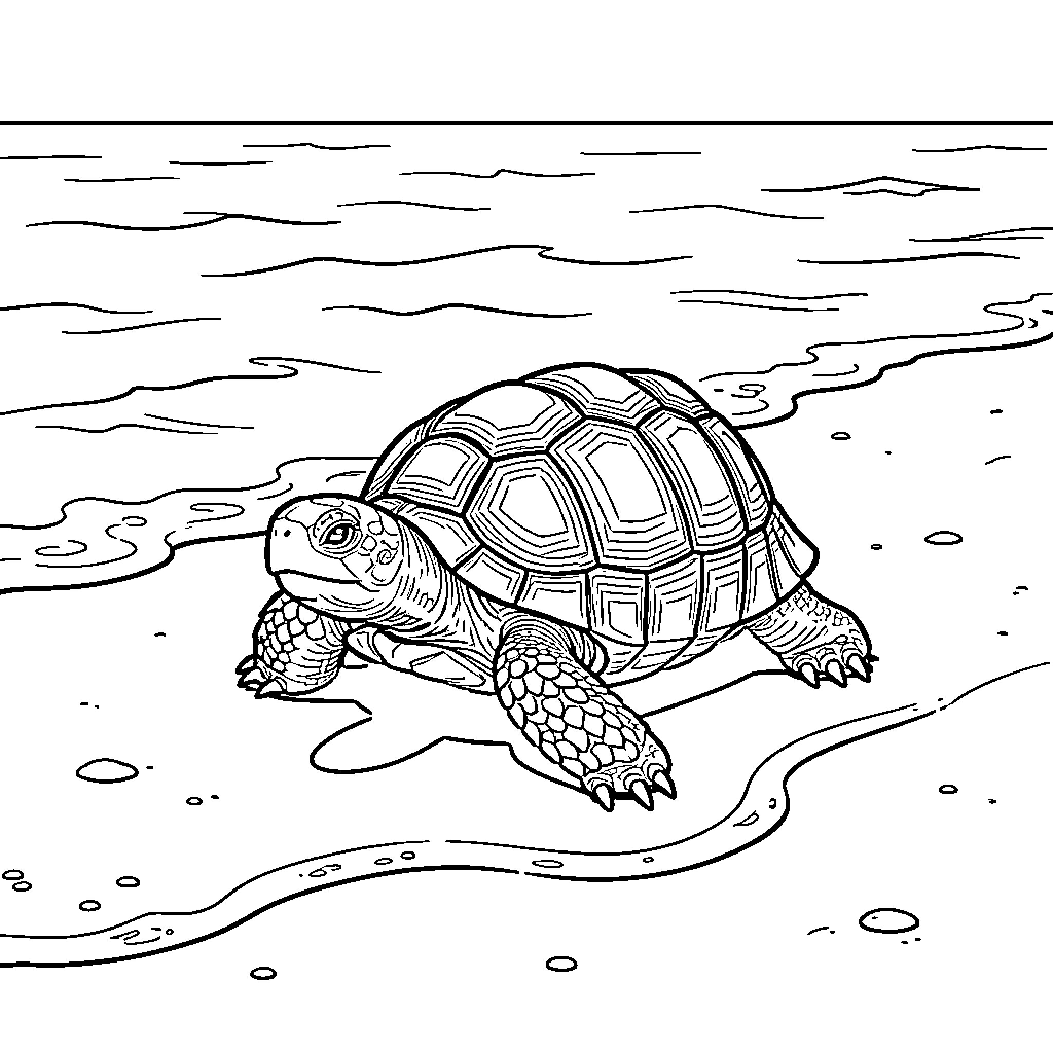 Turtle crawling along a peaceful sandy beach Coloring Page (free black-and-white line drawing printable PDF for all, from beginners to advanced learners, including children, teens, adults, and seniors)