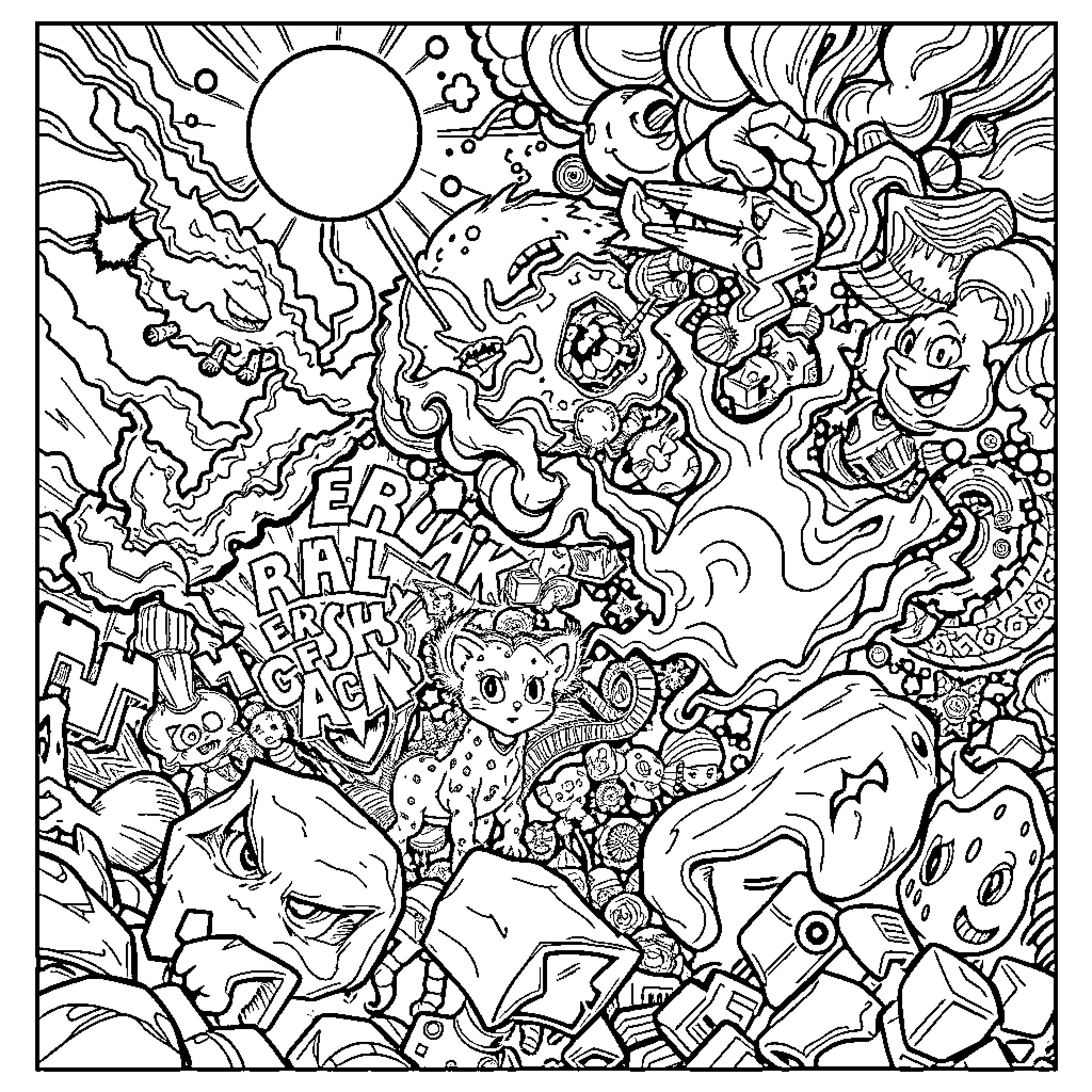 Manga Chaotic Monochrome Dream Landscape Coloring Page (free black-and-white line drawing printable PDF for all, from beginners to advanced learners, including children, teens, adults, and seniors)