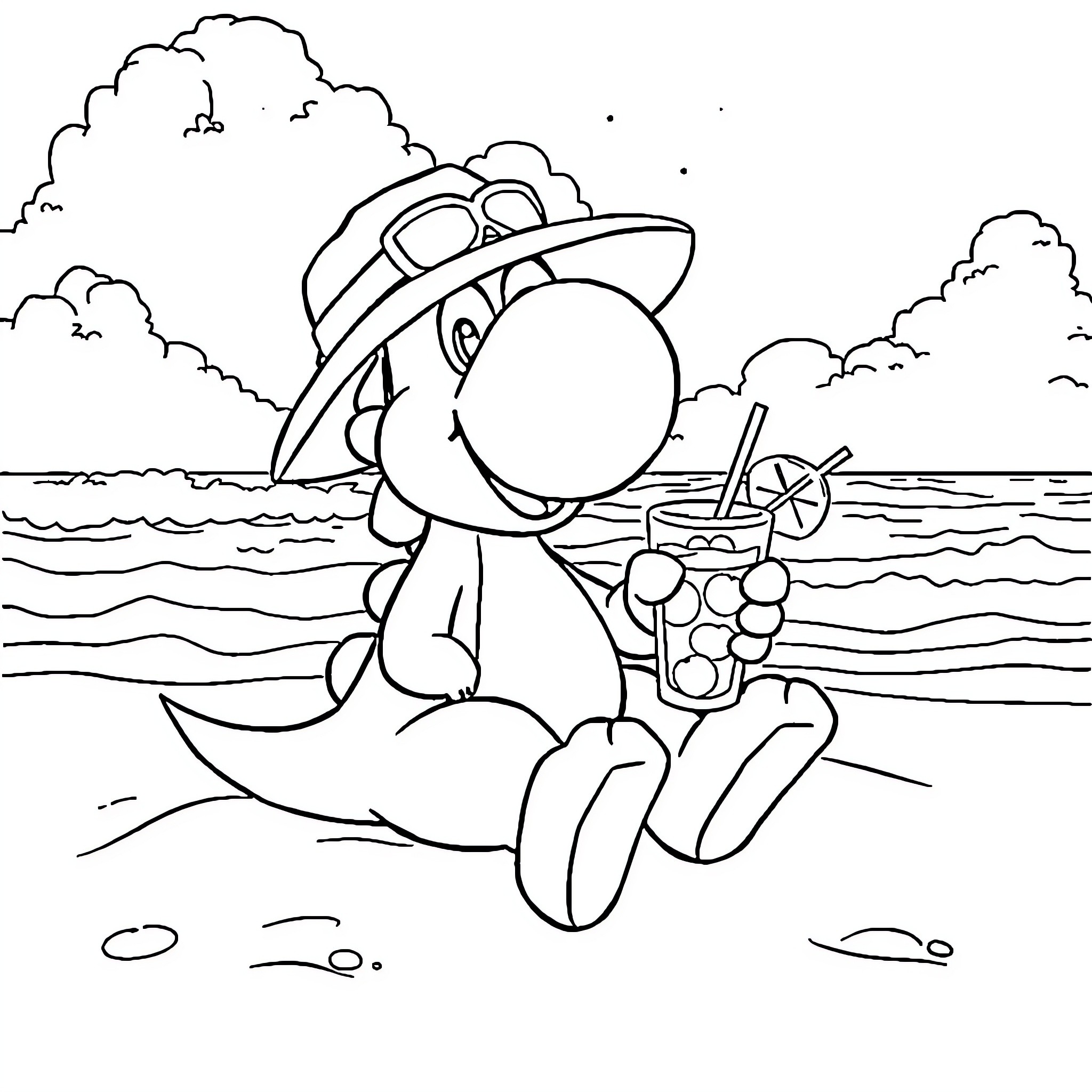 Yoshi enjoying a refreshing drink at the beach Coloring Page (free black-and-white line drawing printable PDF for all, from beginners to advanced learners, including children, teens, adults, and seniors)