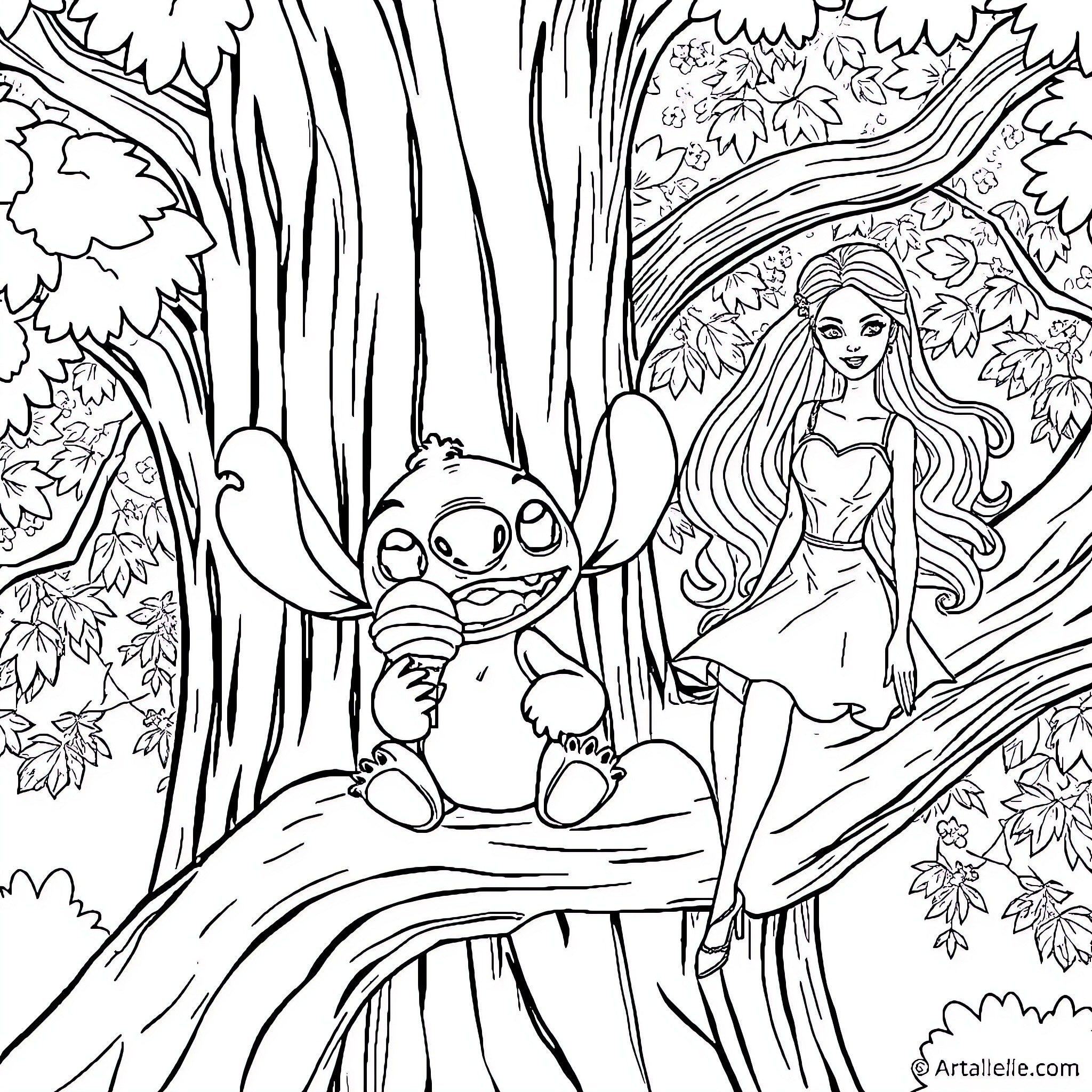 Stitch and a woman in a magical forest Coloring Page (free black-and-white line drawing printable PDF for all, from beginners to advanced learners, including children, teens, adults, and seniors)