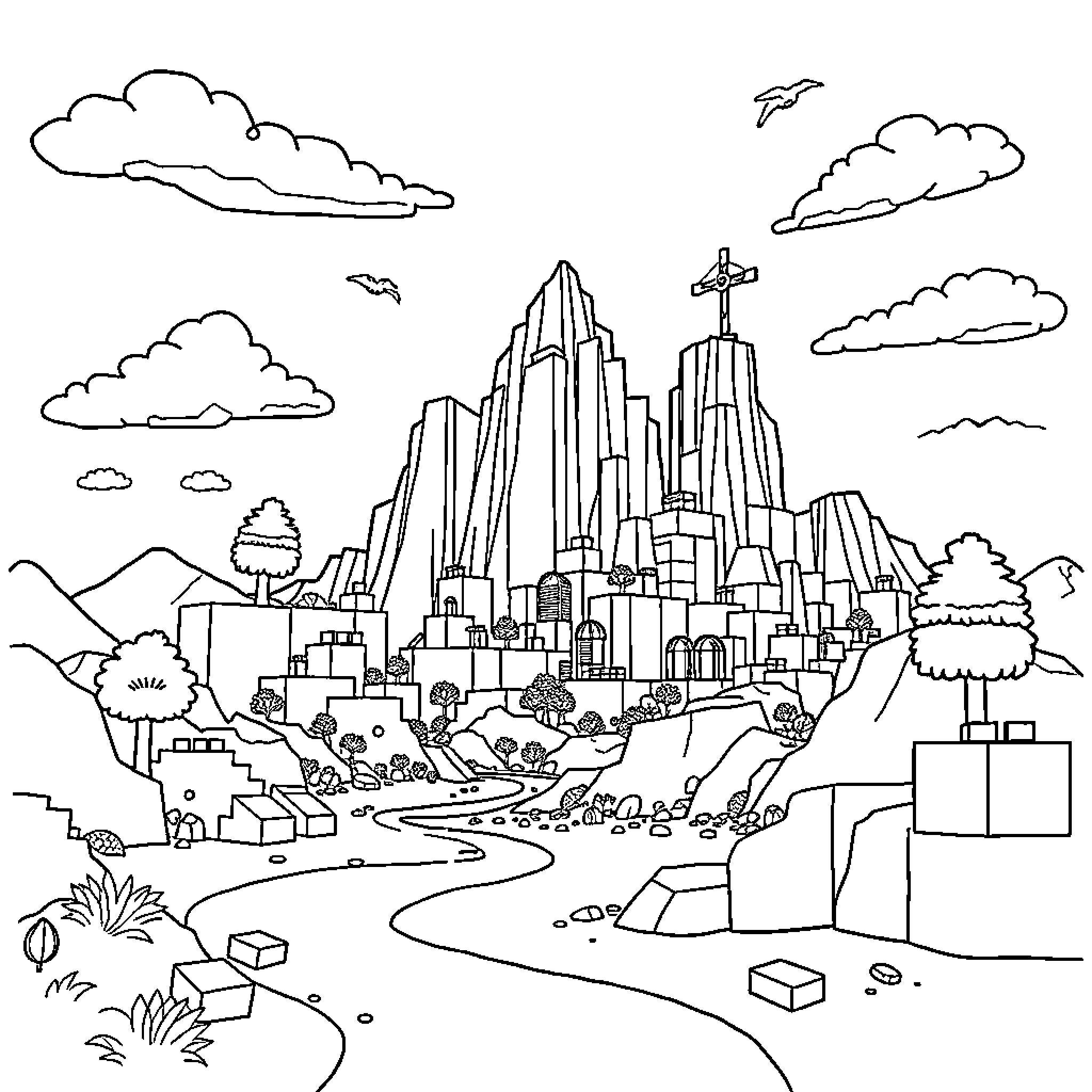 Minecraft Cityscape with Towering Structures and Mountainous Landscape Coloring Page (free black-and-white line drawing printable PDF for all, from beginners to advanced learners, including children, teens, adults, and seniors)