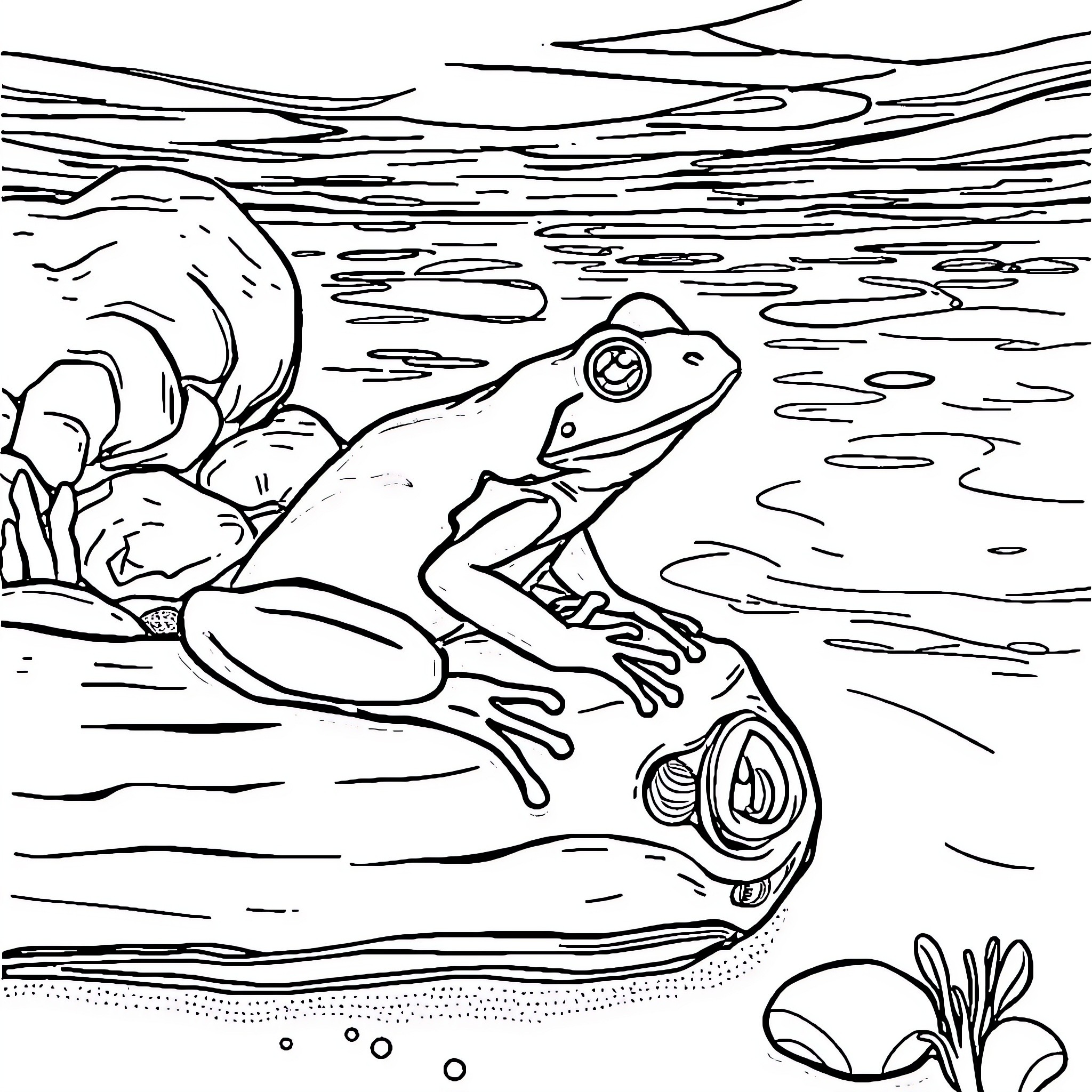 Frog swimming in a tranquil pond Coloring Page (free black-and-white line drawing printable PDF for all, from beginners to advanced learners, including children, teens, adults, and seniors)