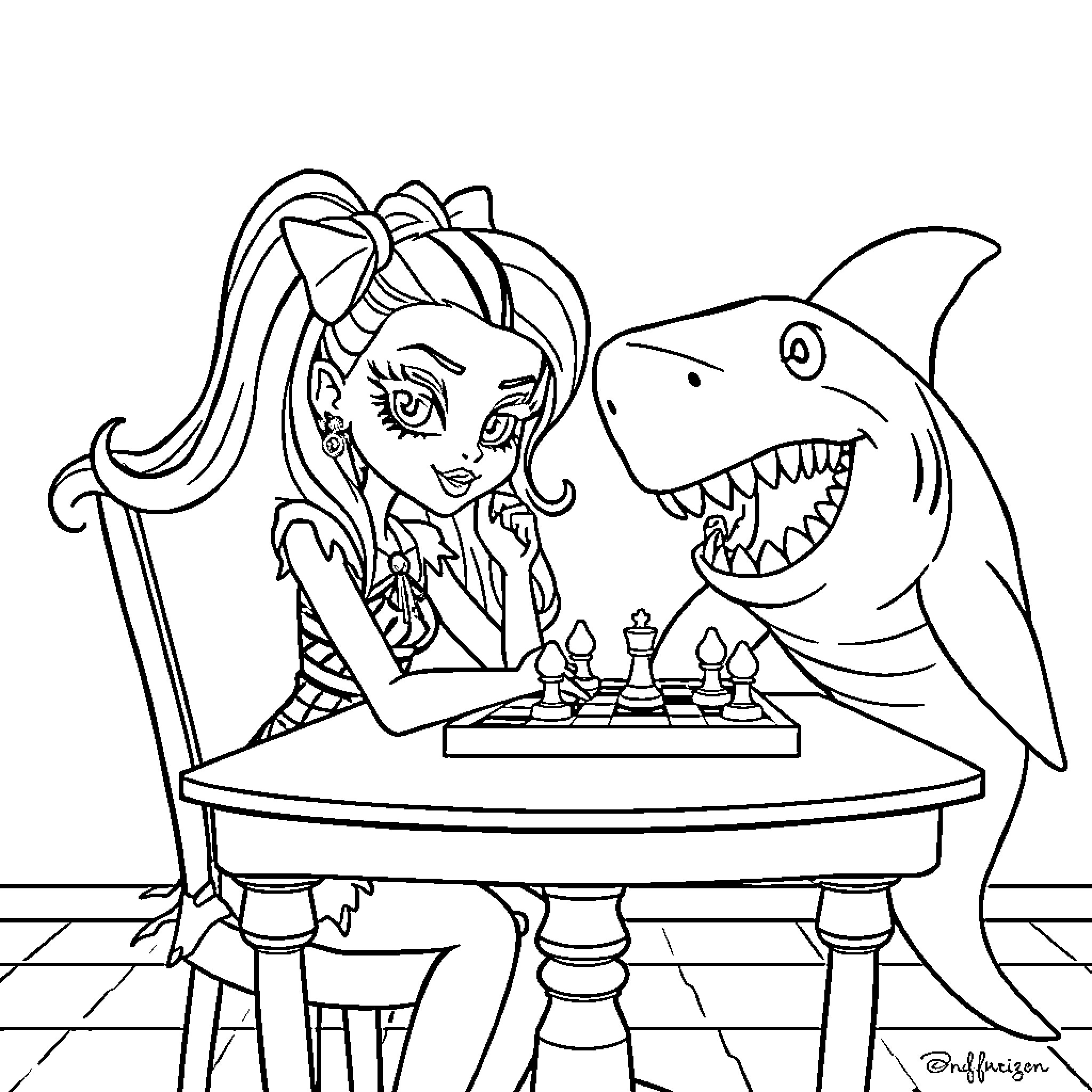 Clawdeen plays a game of chess with a shark Coloring Page (free black-and-white line drawing printable PDF for all, from beginners to advanced learners, including children, teens, adults, and seniors)