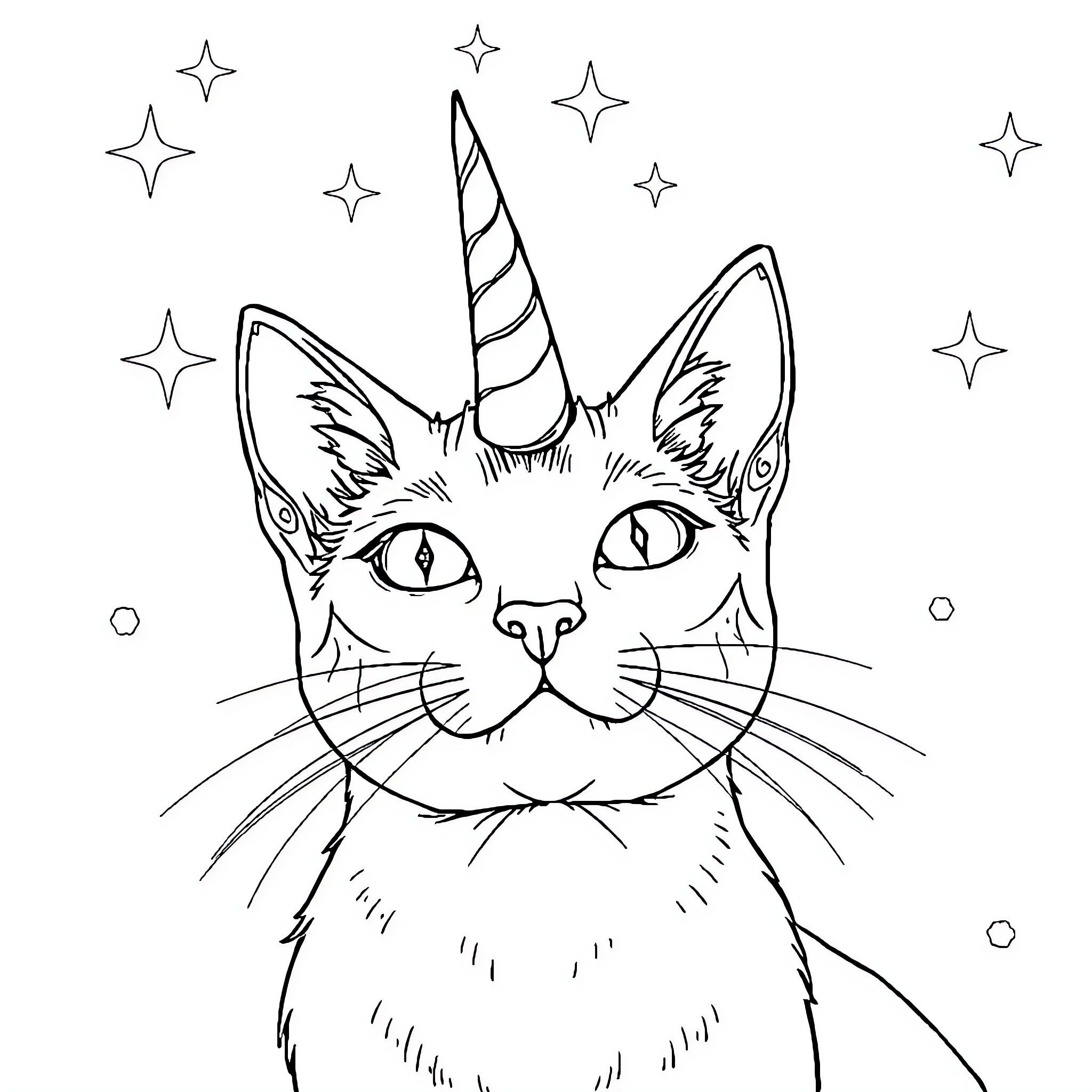 Unicorn Cat with Whimsical Stars Coloring Page (free black-and-white line drawing printable PDF for all, from beginners to advanced learners, including children, teens, adults, and seniors)