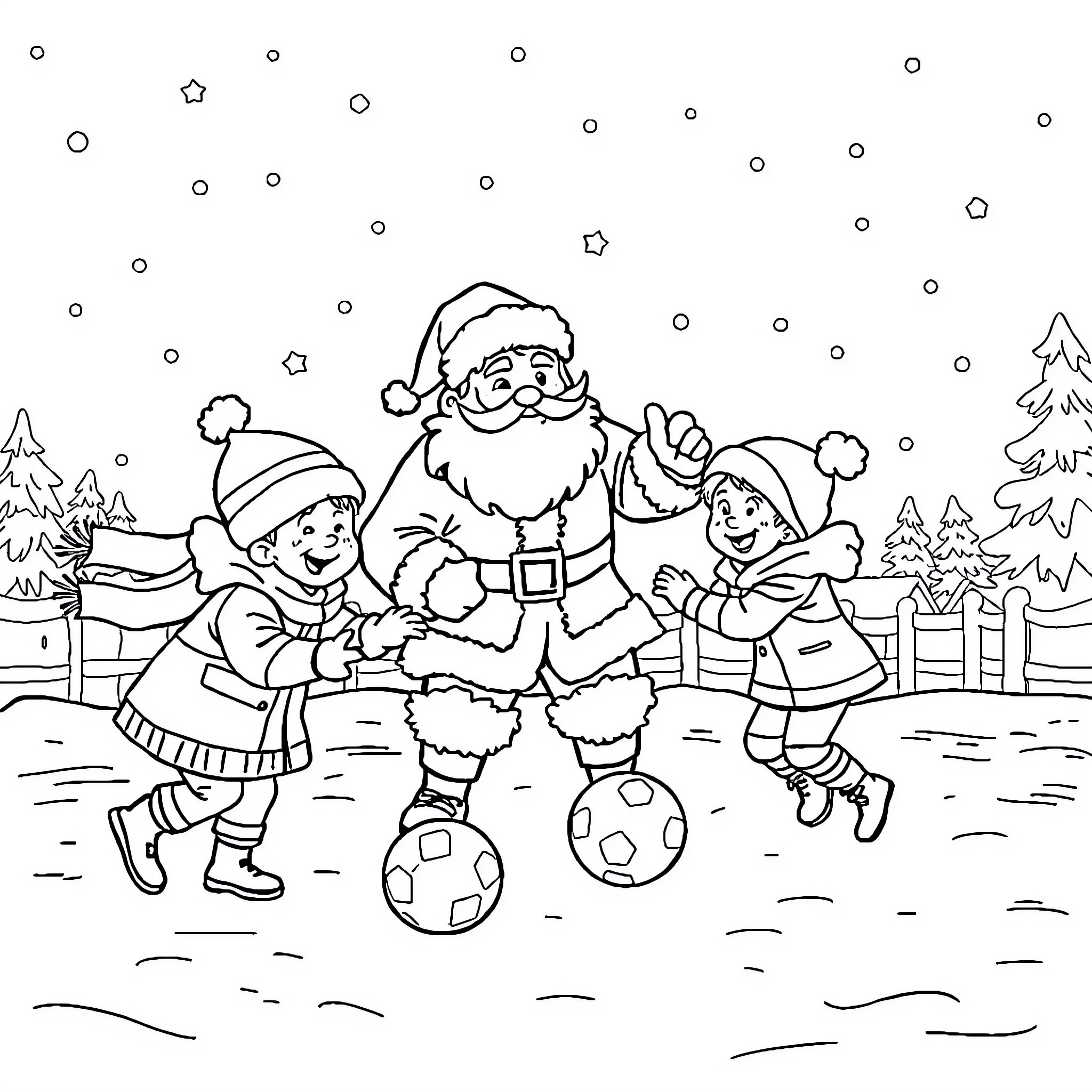 Father Christmas playing with children in the snow Coloring Page (free black-and-white line drawing printable PDF for all, from beginners to advanced learners, including children, teens, adults, and seniors)