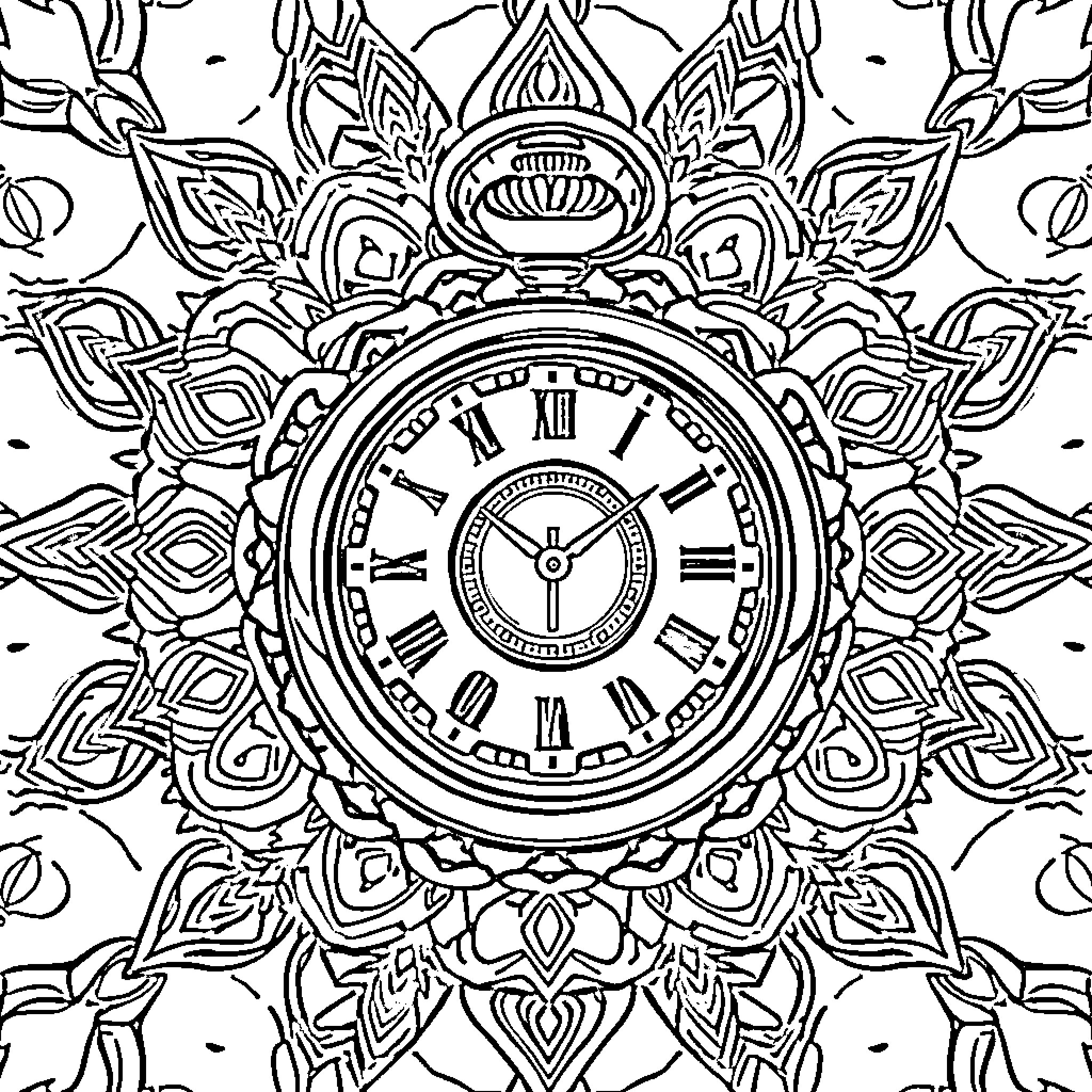 Mandala with an ornate clock face Coloring Page (free black-and-white line drawing printable PDF for all, from beginners to advanced learners, including children, teens, adults, and seniors)