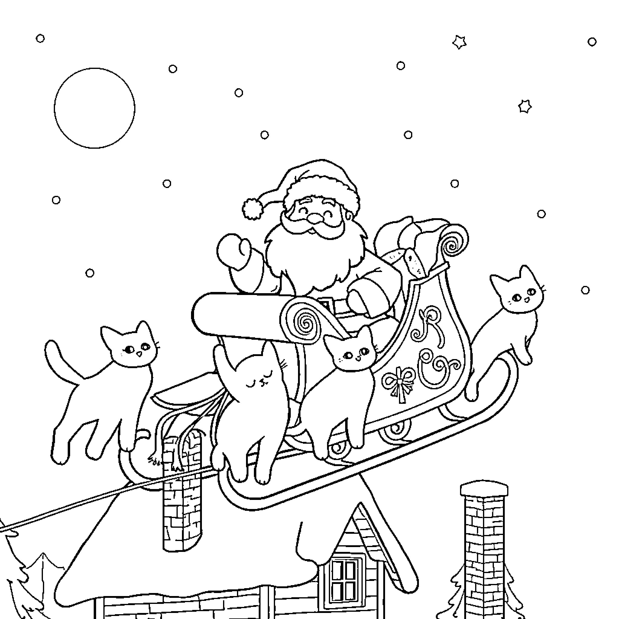 Santa Claus riding a sleigh with cats Coloring Page (free black-and-white line drawing printable PDF for all, from beginners to advanced learners, including children, teens, adults, and seniors)
