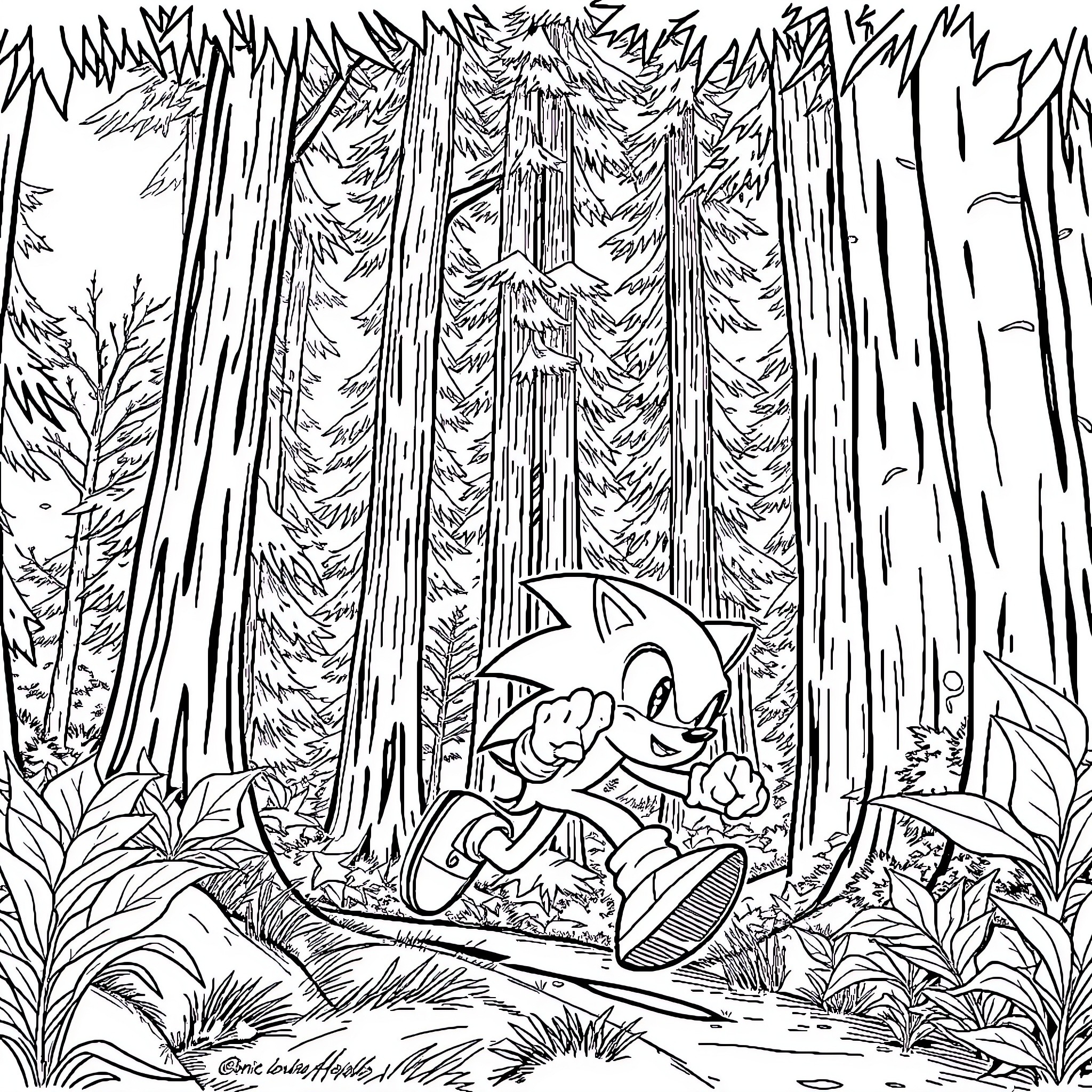 Sonic running through a dense forest Coloring Page (free black-and-white line drawing printable PDF for all, from beginners to advanced learners, including children, teens, adults, and seniors)