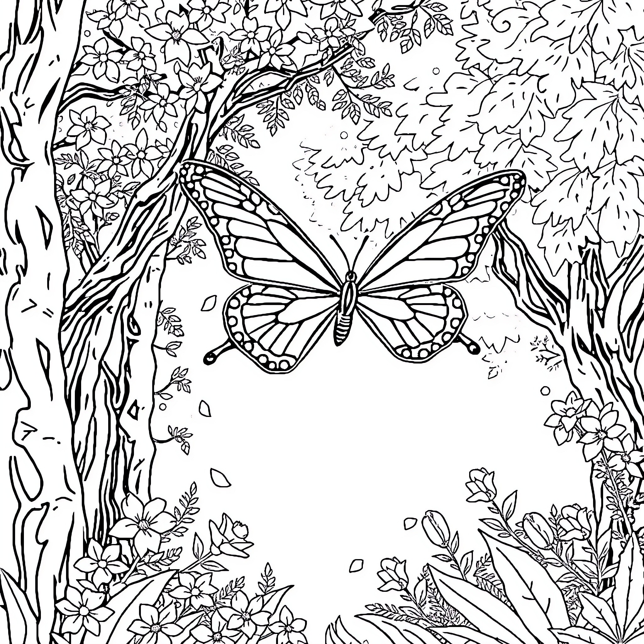 Butterfly in a Floral Paradise Coloring Page (free black-and-white line drawing printable PDF for all, from beginners to advanced learners, including children, teens, adults, and seniors)