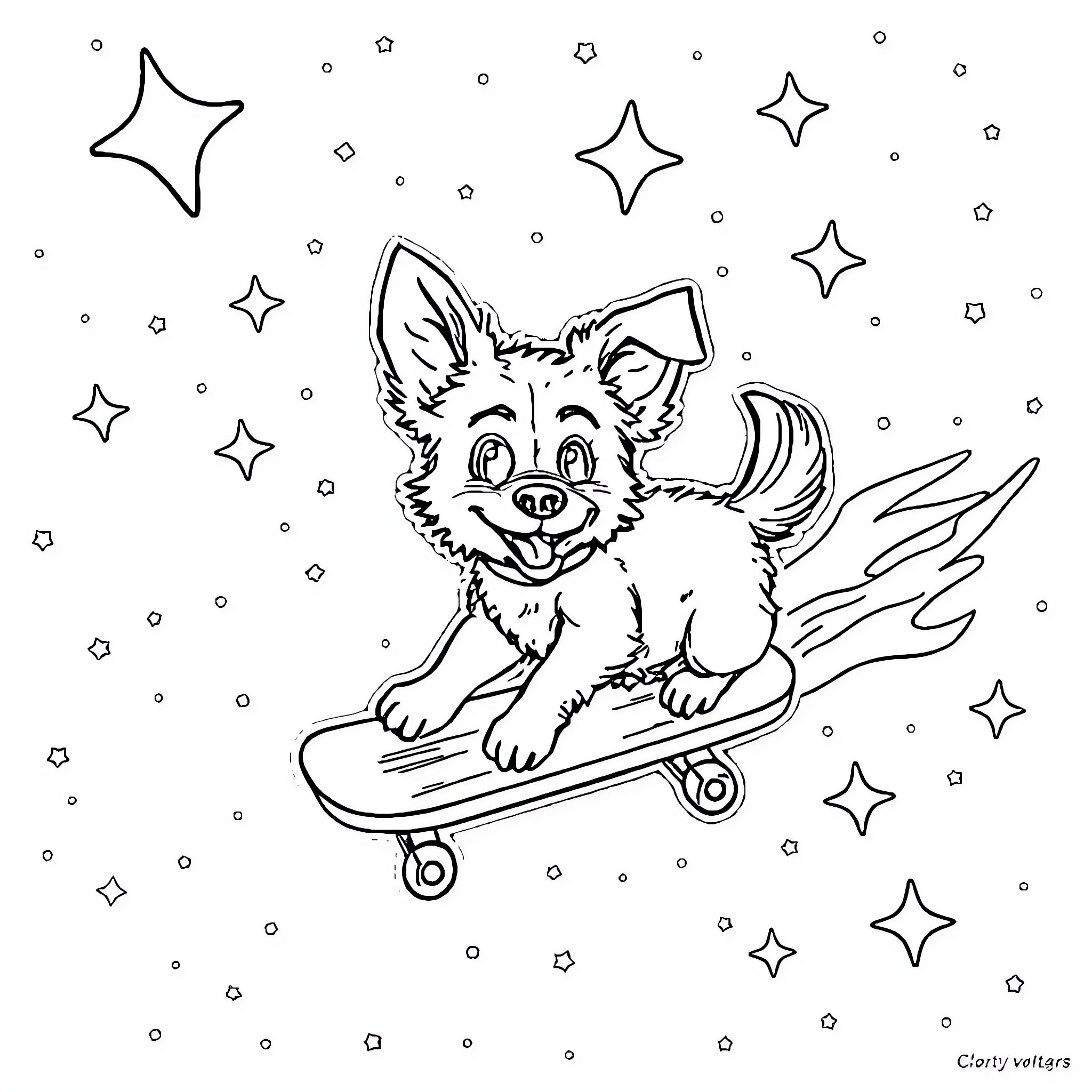 Dog riding skateboard amidst starry night Coloring Page (free black-and-white line drawing printable PDF for all, from beginners to advanced learners, including children, teens, adults, and seniors)