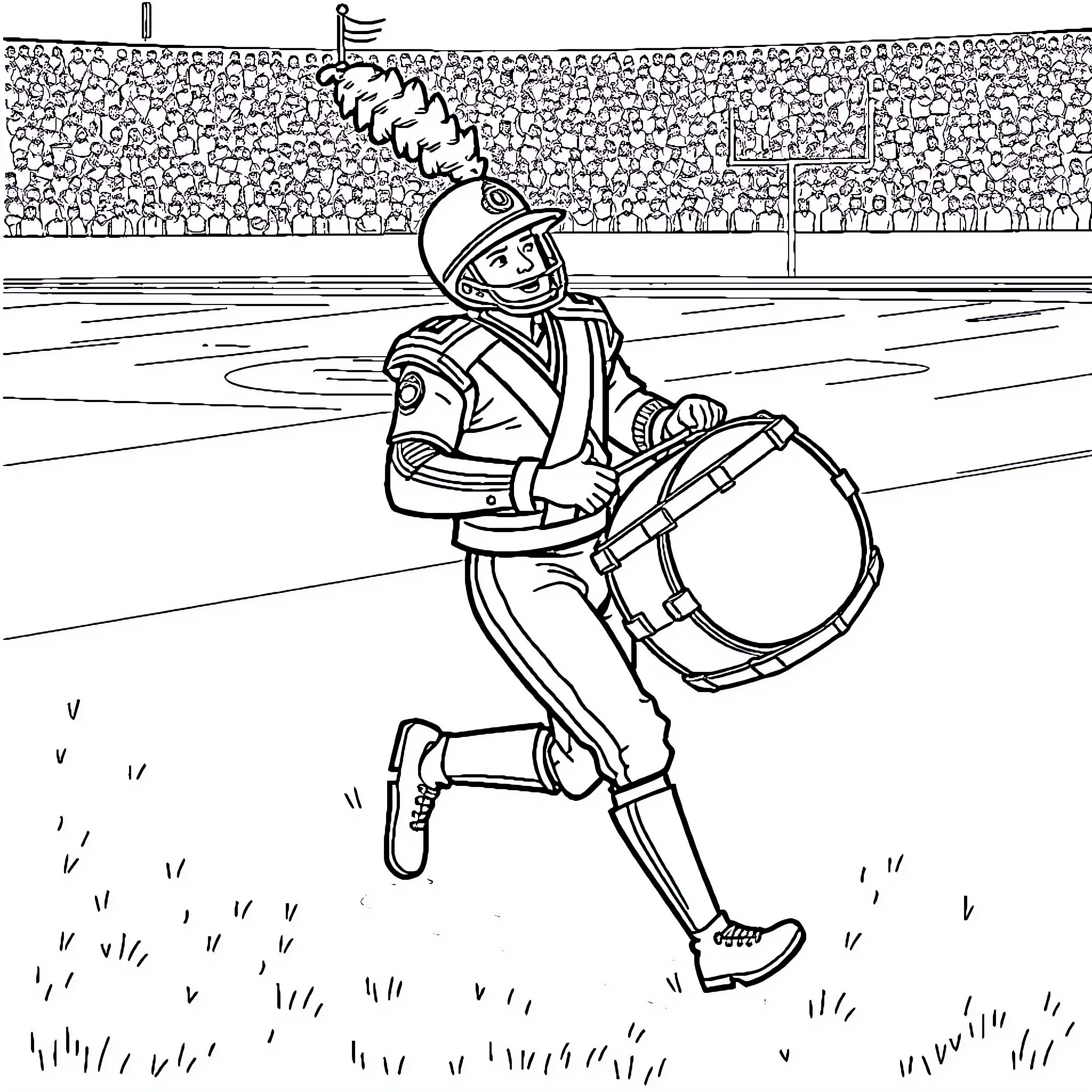 Drummer Performing Energetically on the Field Coloring Page (free black-and-white line drawing printable PDF for all, from beginners to advanced learners, including children, teens, adults, and seniors)