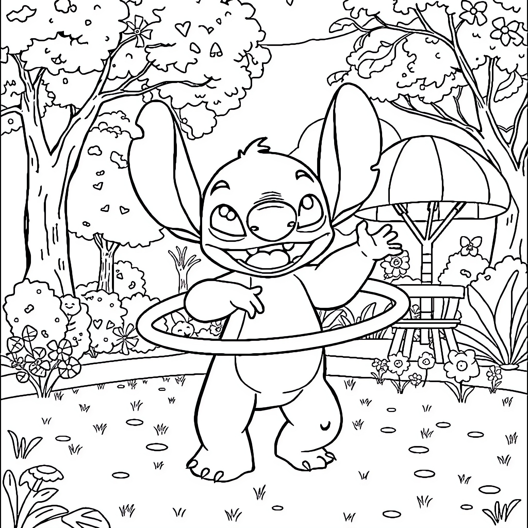 Stitch relaxing in the enchanted forest Coloring Page (free black-and-white line drawing printable PDF for all, from beginners to advanced learners, including children, teens, adults, and seniors)