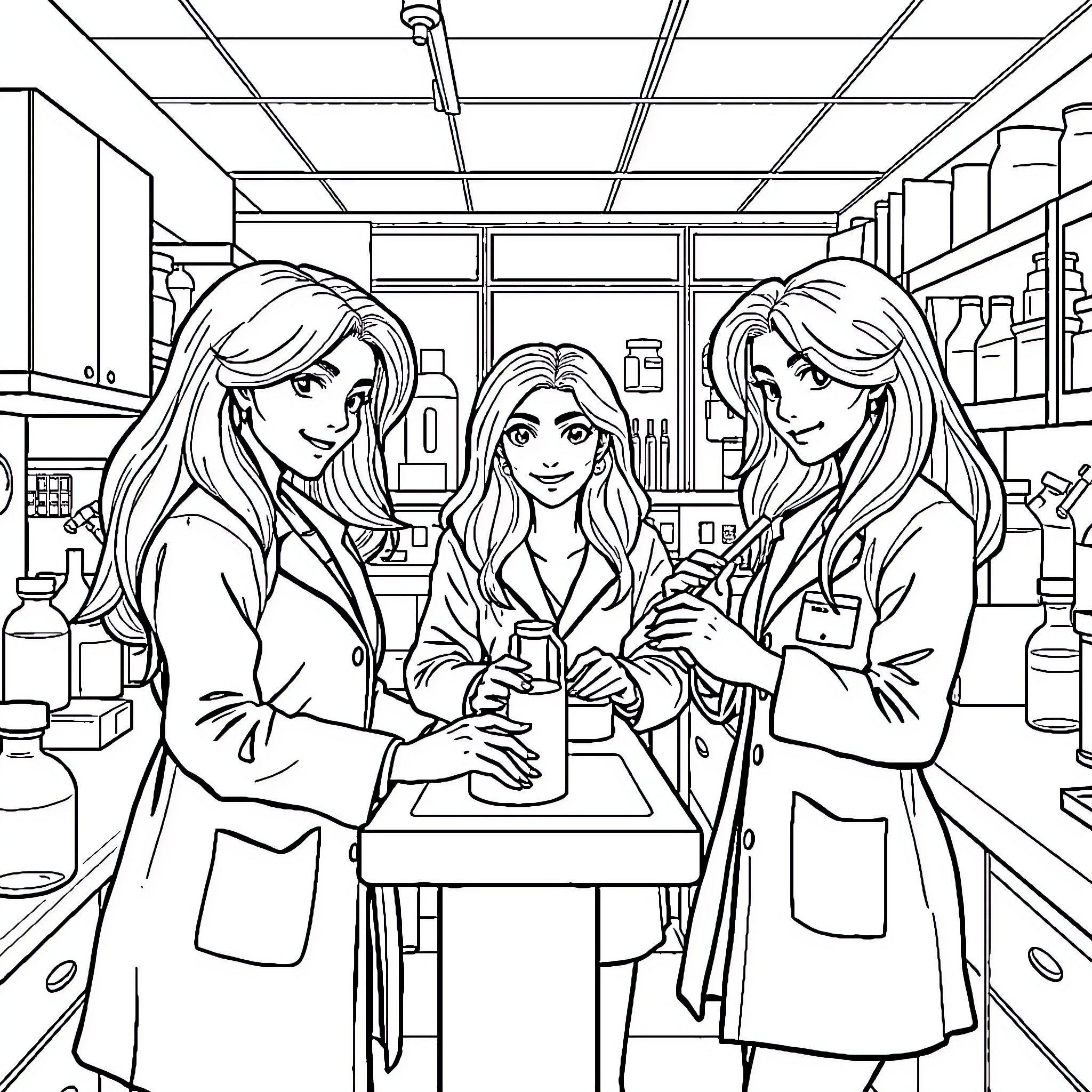 Girls in lab coats working together in a laboratory Coloring Page (free black-and-white line drawing printable PDF for all, from beginners to advanced learners, including children, teens, adults, and seniors)