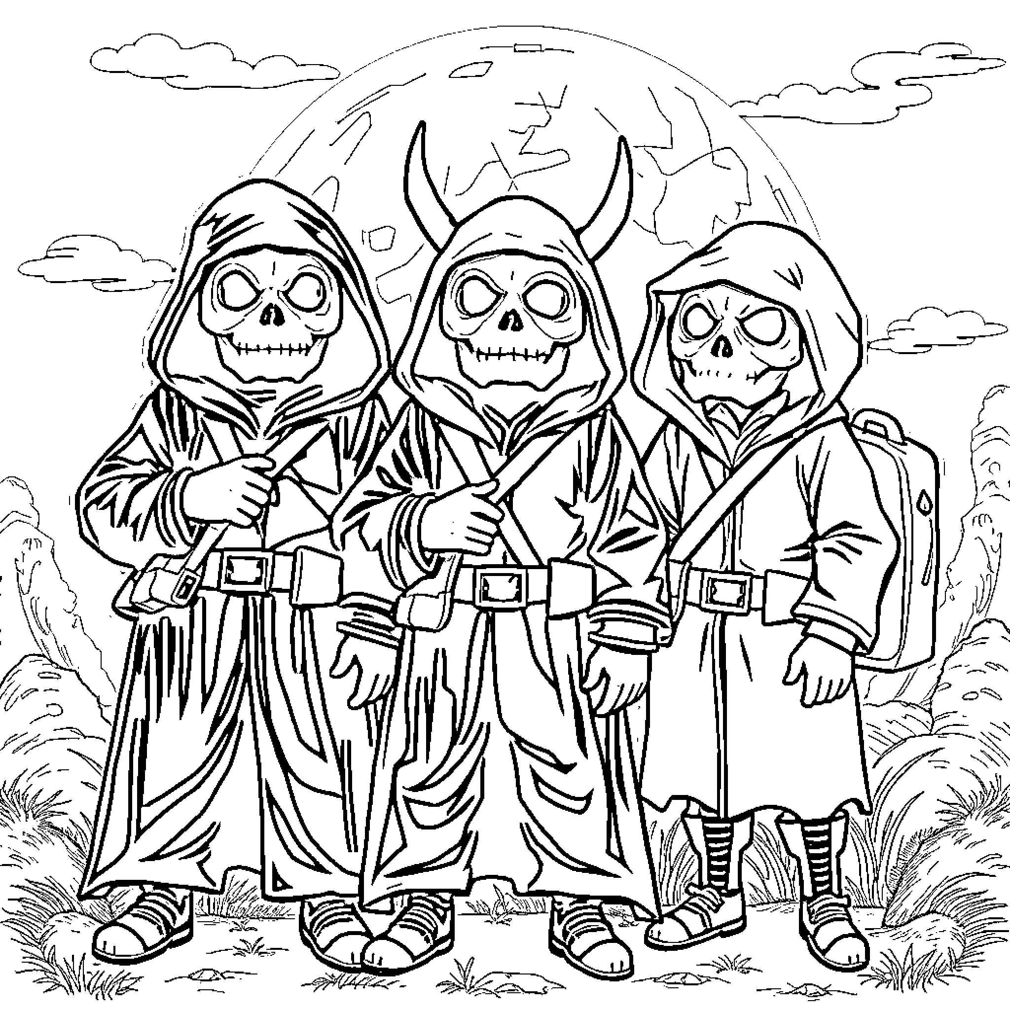 Ghostbusters on a Halloween adventure Coloring Page (free black-and-white line drawing printable PDF for all, from beginners to advanced learners, including children, teens, adults, and seniors)